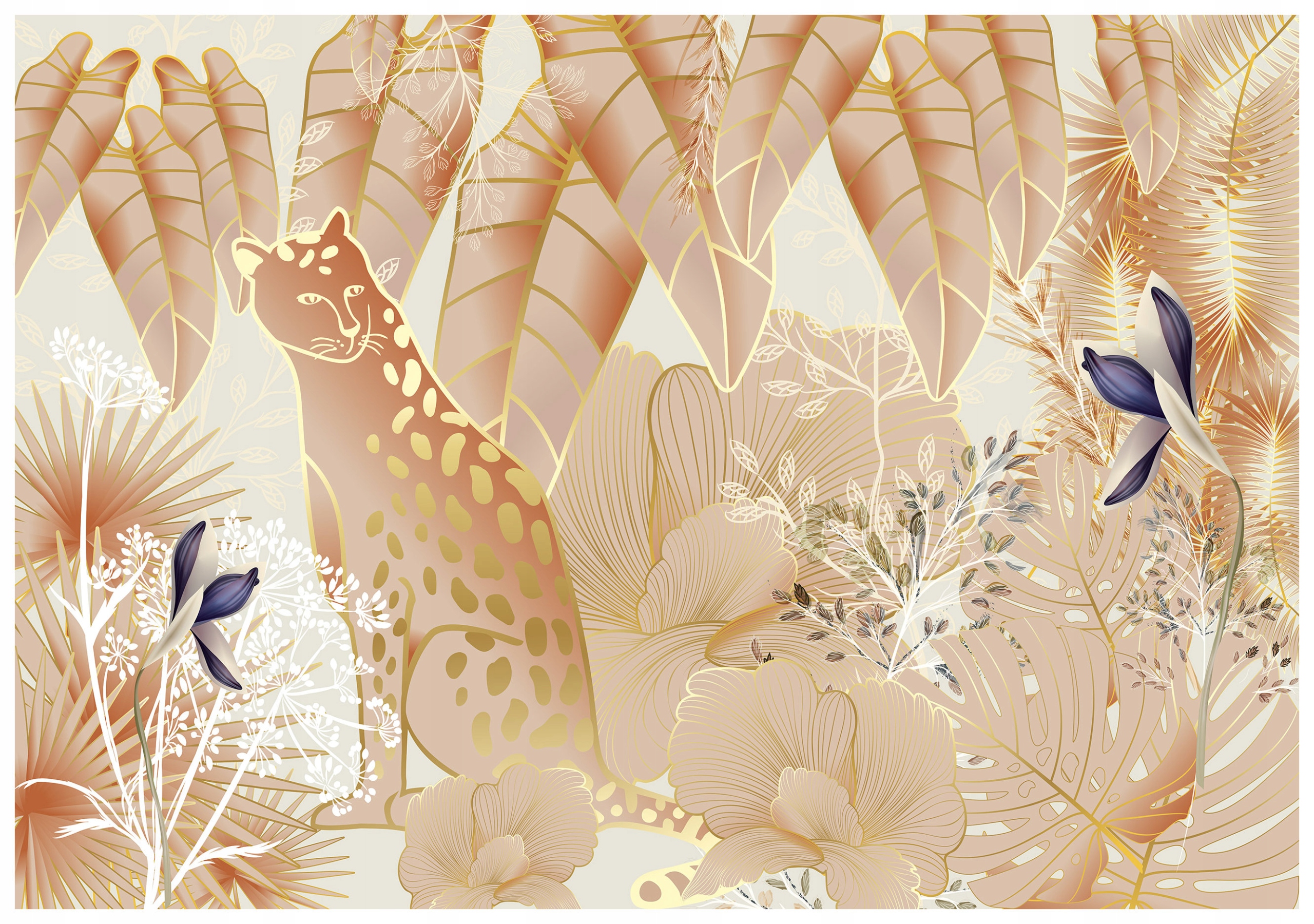 Fototapeta flizelina Leopard zlaté obrysy tropický ráj béžová 300x210 lepidlo