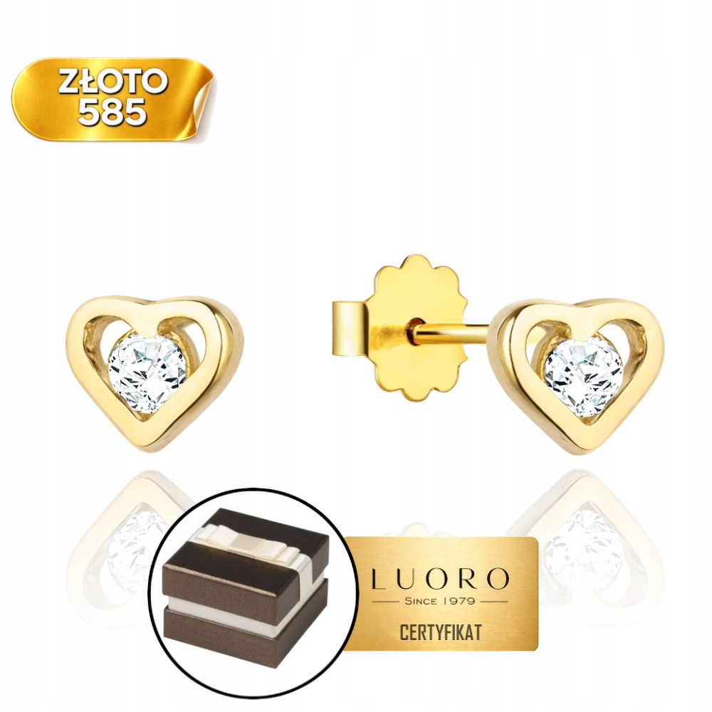 Náušnice Zlaté 585 14K Srdíčka S Kamenem Uprostřed 4,5 MM Dárek