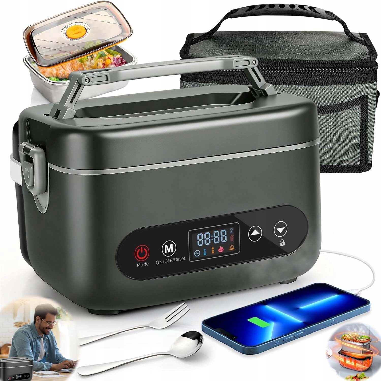 Elektrický Vyhřívaný Obědový Box 1.2 L 100 W Nerezová Ocel Trvanlivost 4 Režimy