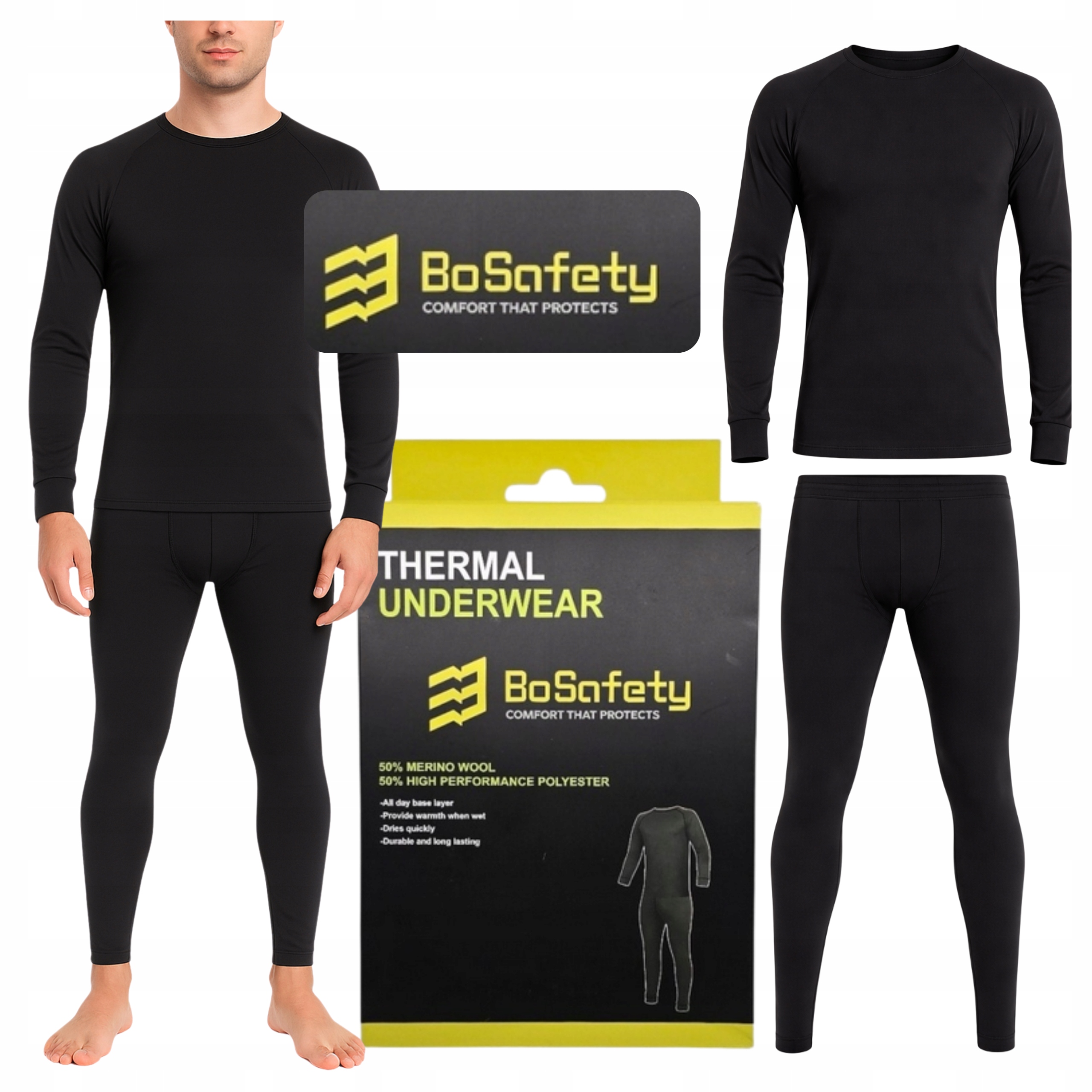 Pánské termoaktivní spodní prádlo z merino vlny Bosafety XL Set, černá barva