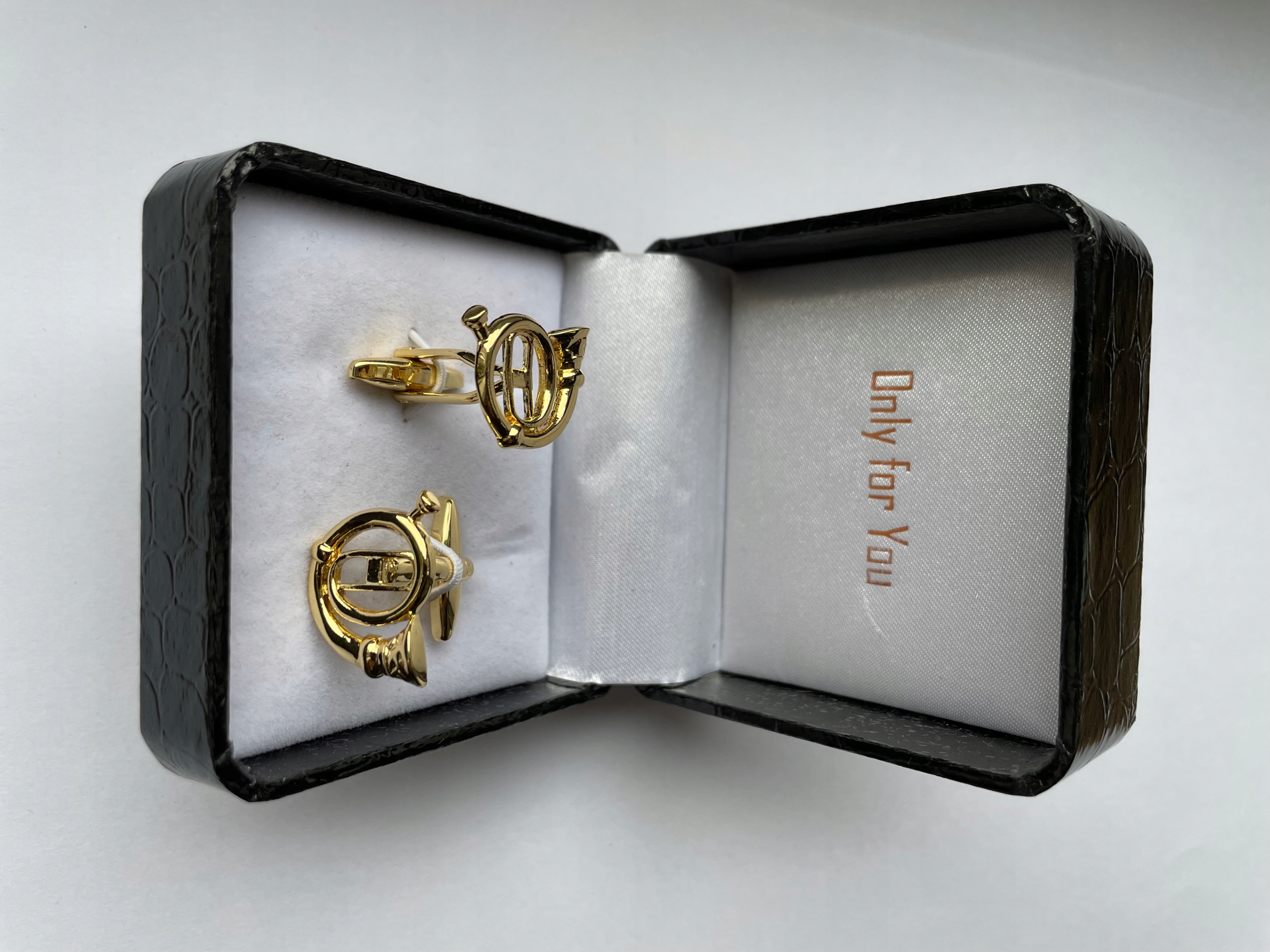 Zlaté manžetové knoflíčky Exc Roh Waltornia Trumba pro myslivce V Pouzdru