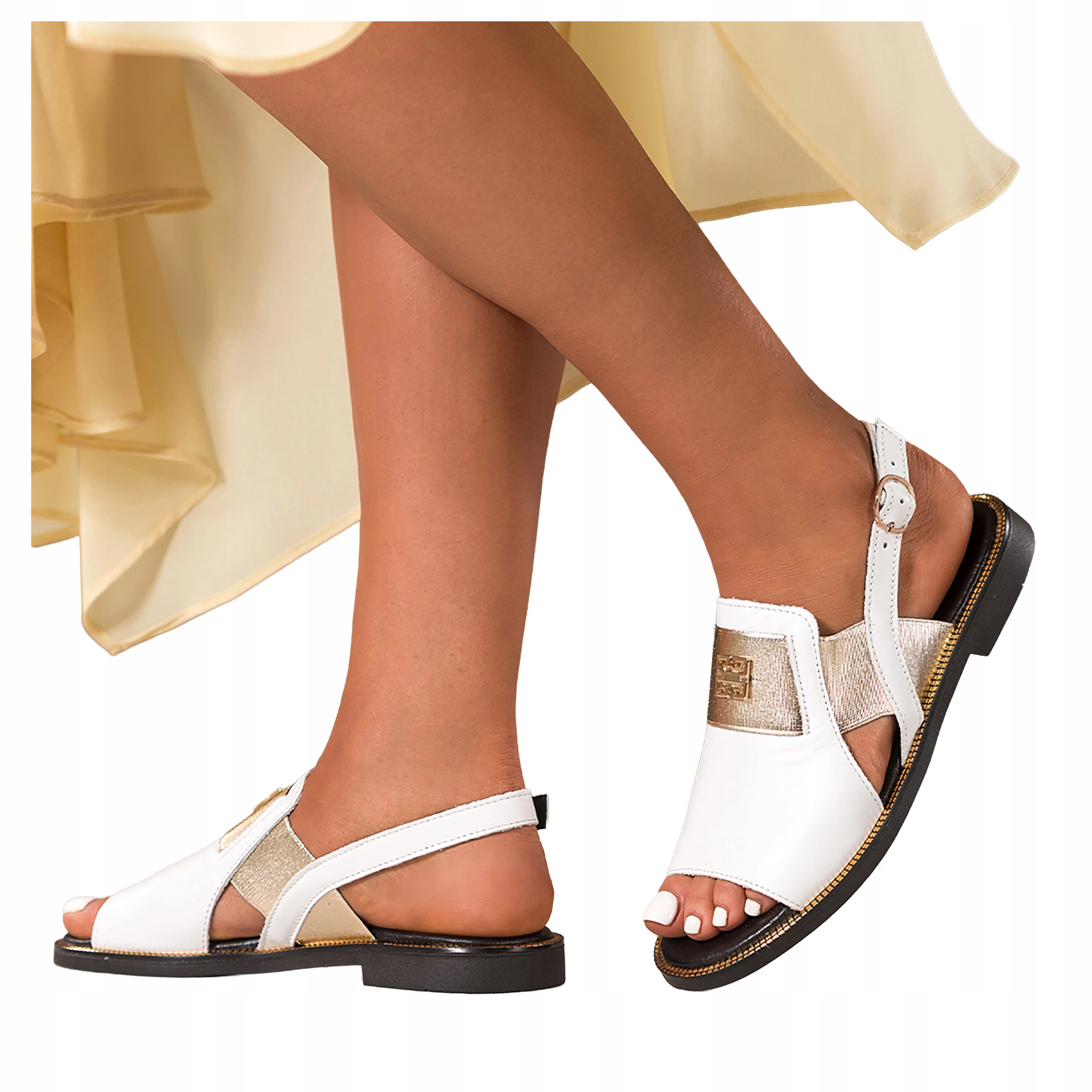 Bílé Sandály Dámské Pohodlné Plochá podrážka Zlatá ozdoba Kožené r 39
