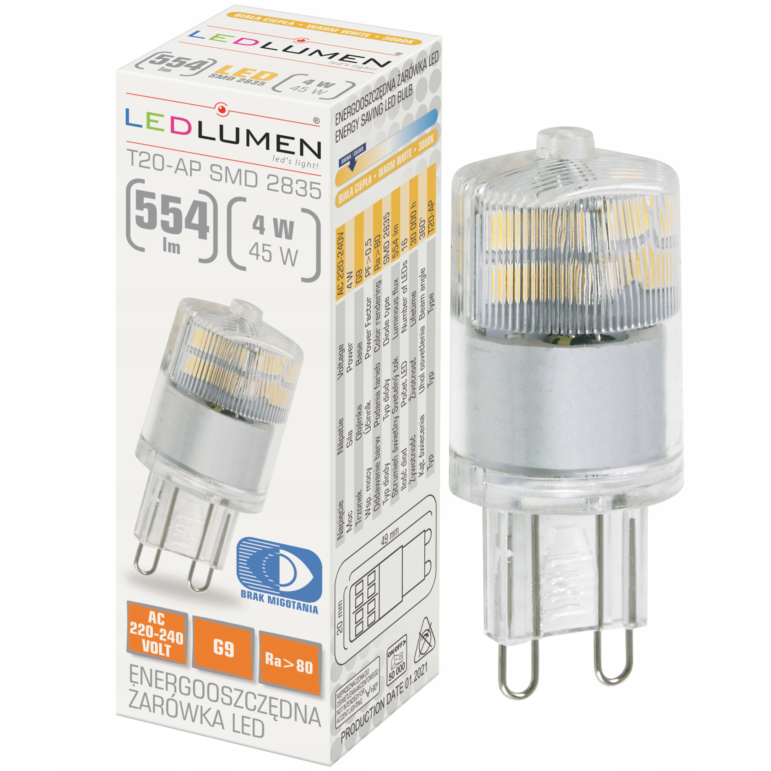 

Żarówka Led G9 T20 Mini 4W=45W 2835 Smd 554lm 360°