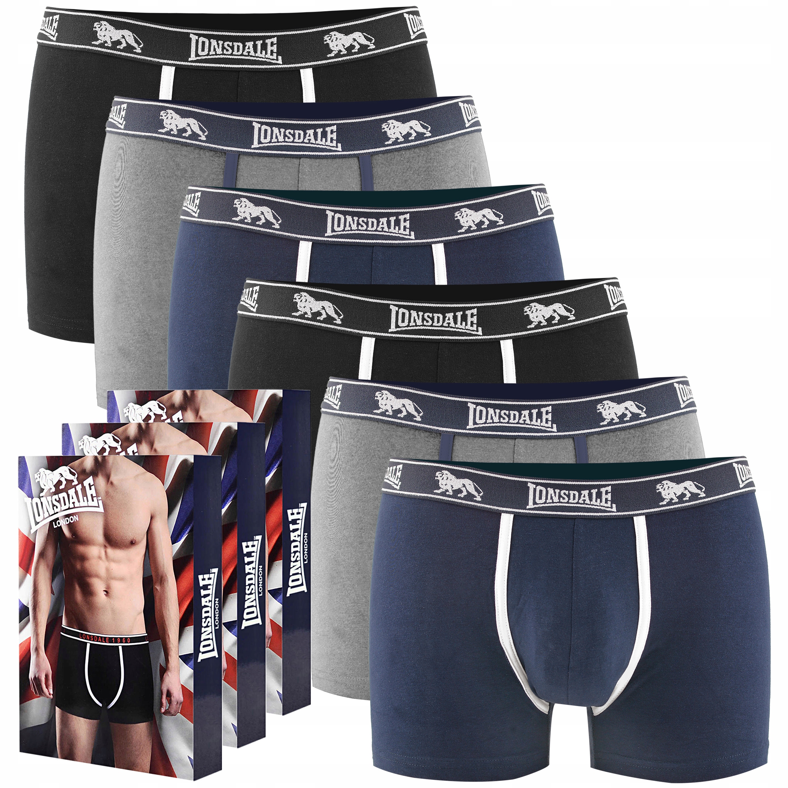 Lonsdale Pánské boxerky 6 kusů Bavlna Tmavě modré Šedé Černé Velikost M