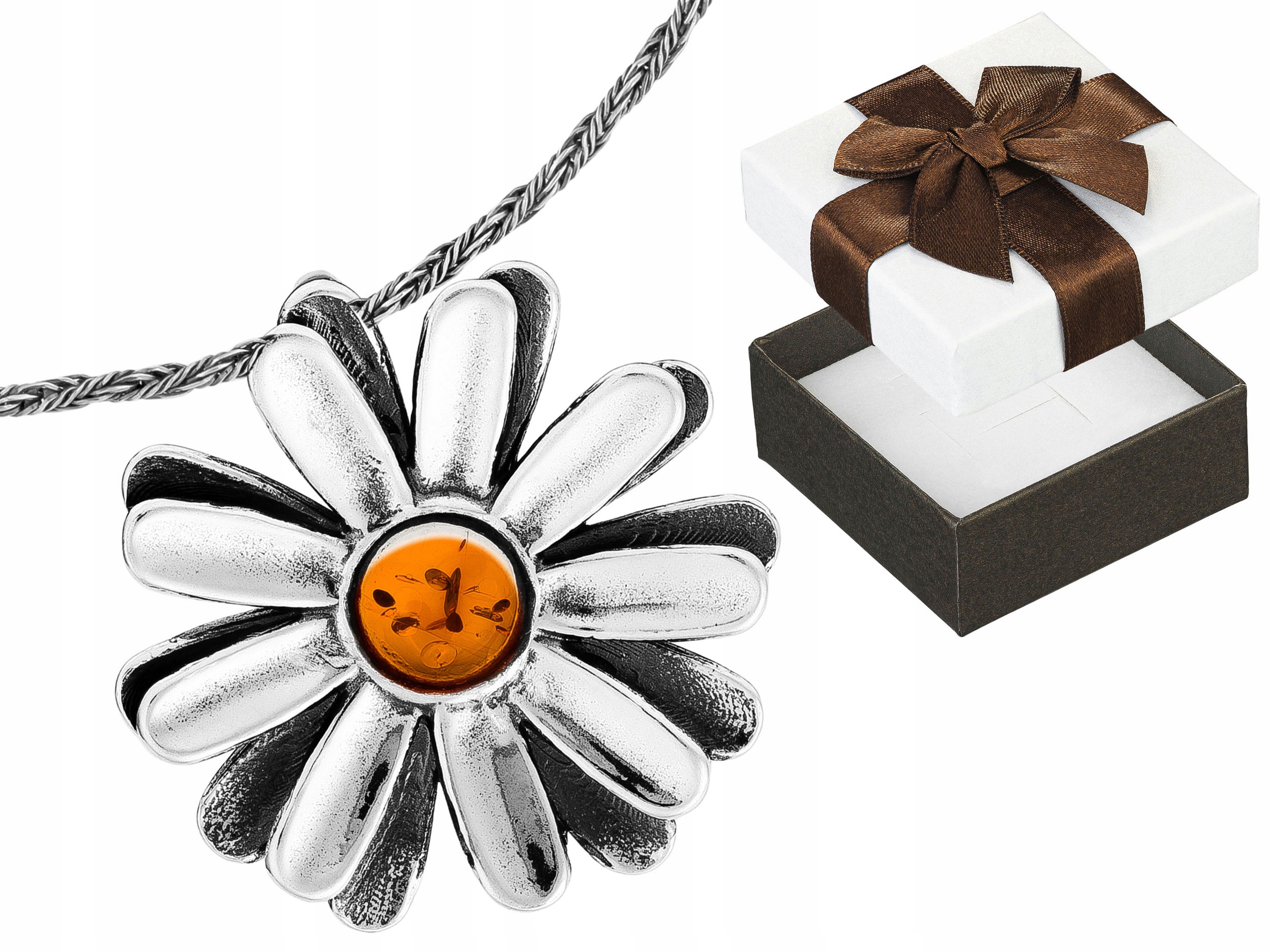 Krátký stříbrný dámský náhrdelník s velkým květem sedmikrásky a jantarem Choker 30