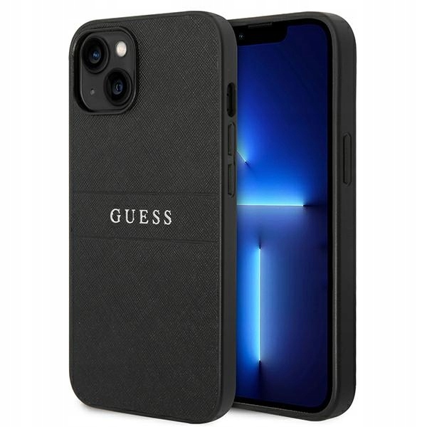 Guess Saffiano Metal Logo Stripes – Pouzdro pro iPhone 14 Plus (černé)