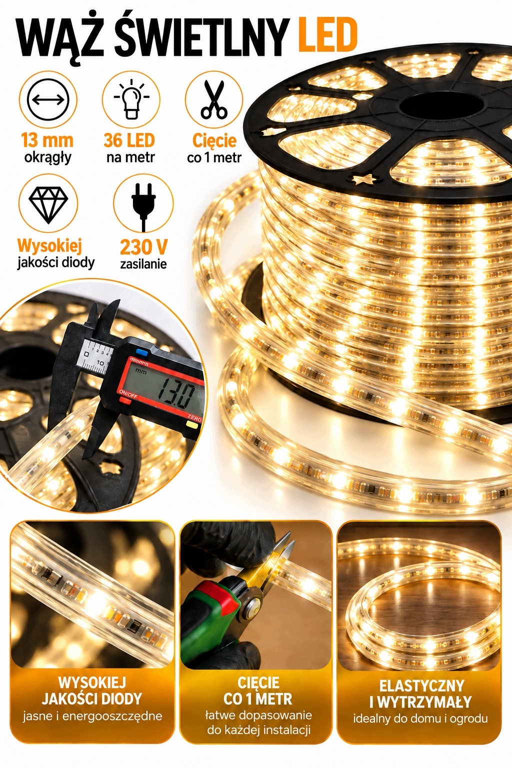 Ciepły biały wąż świetlny LED 2 PIN 13 mm z ochroną IP65