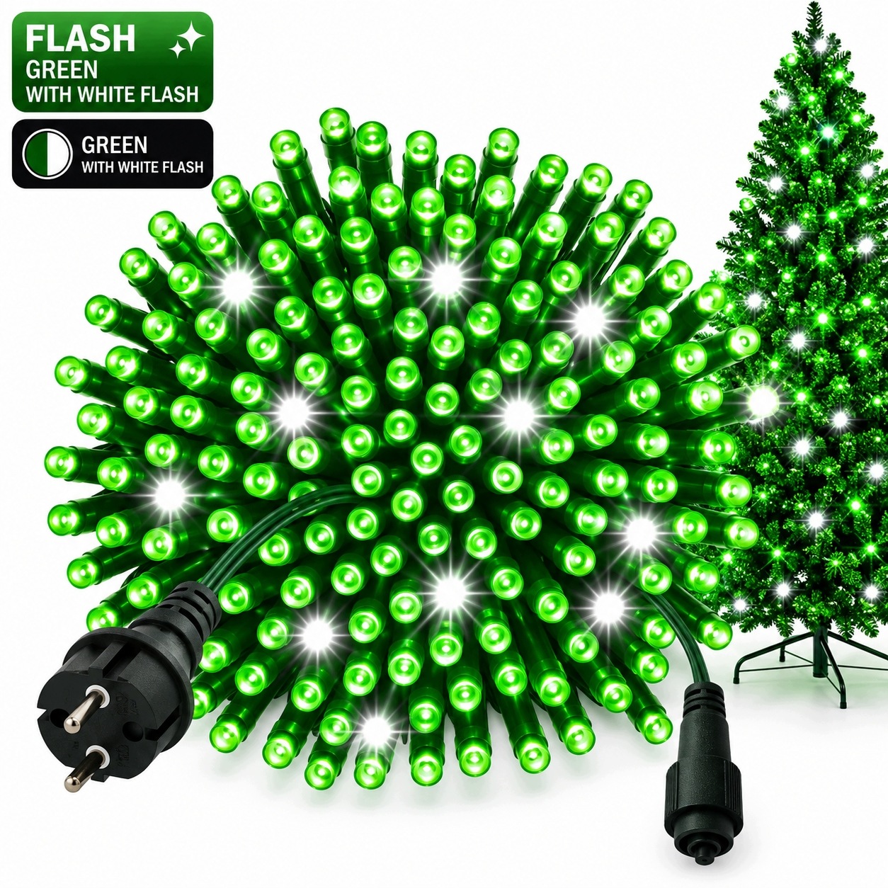 Vánoční Osvětlení Na Stromeček 1000 Led 80 M Zelené Bílý Flash IP44 Zelený Kabel