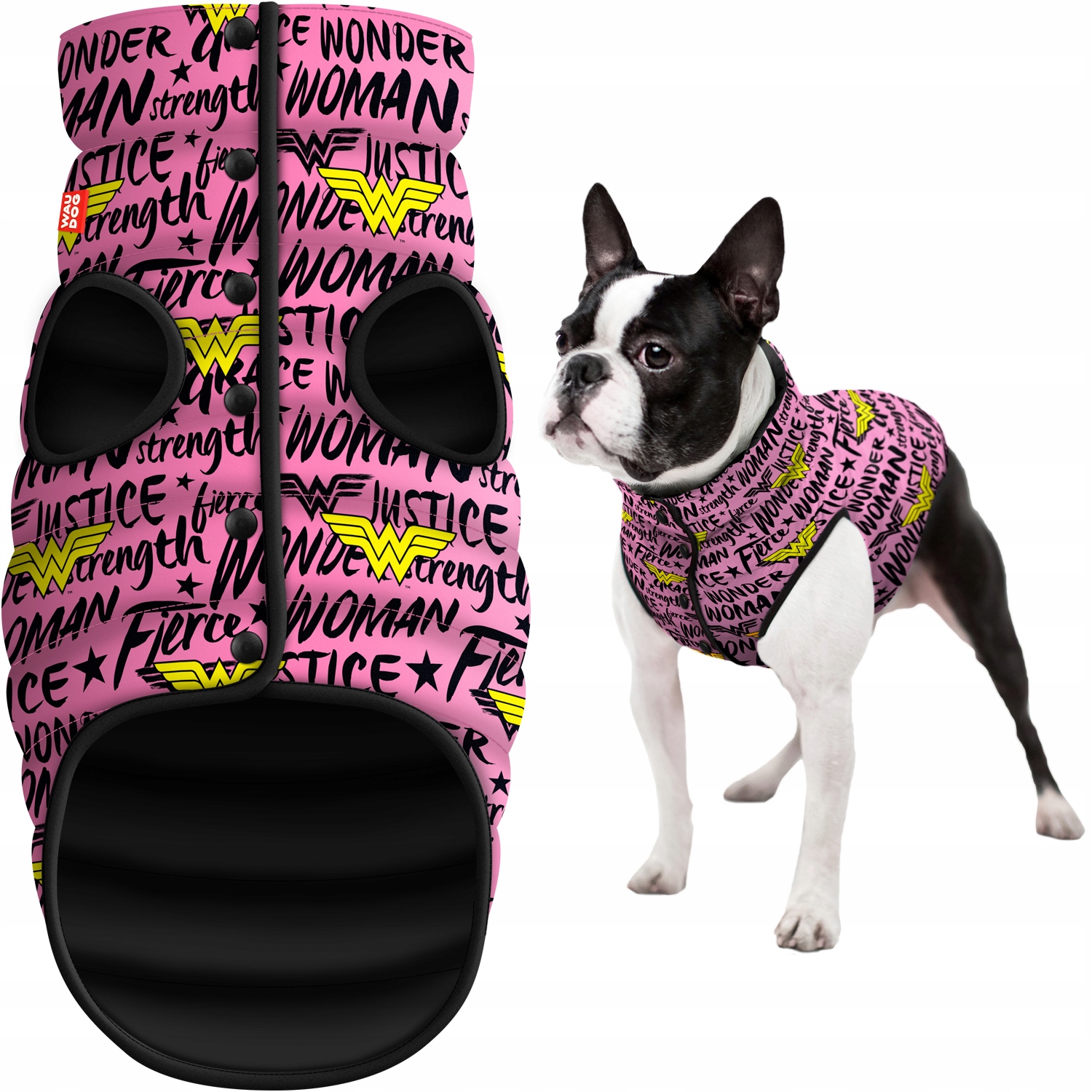 Levně Bunda pro psa Waudog Clothes se vzorem Wonder Woman v Pink barvě, velikost XL (Délka 65 cm)