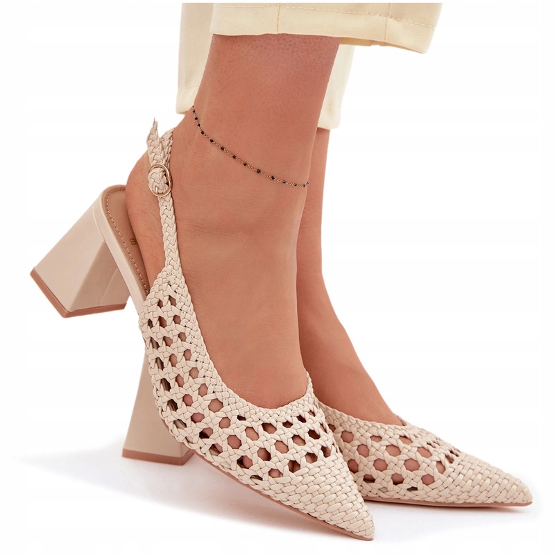Sandały Damskie Plecione Obcas Słupek Noski W Szpic Beżowe 37