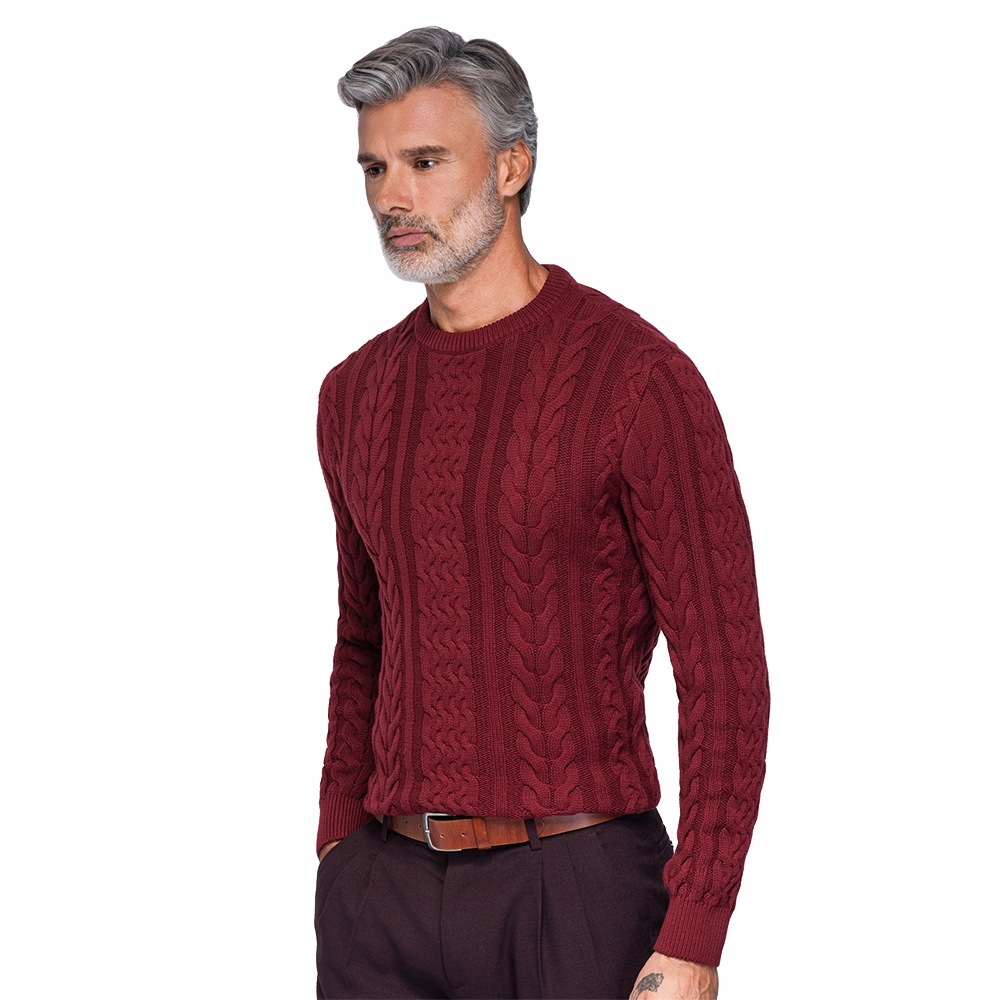 Elegantní pánský svetr s copánkovou vazbou bordový OM-SWSW-0191 vel L