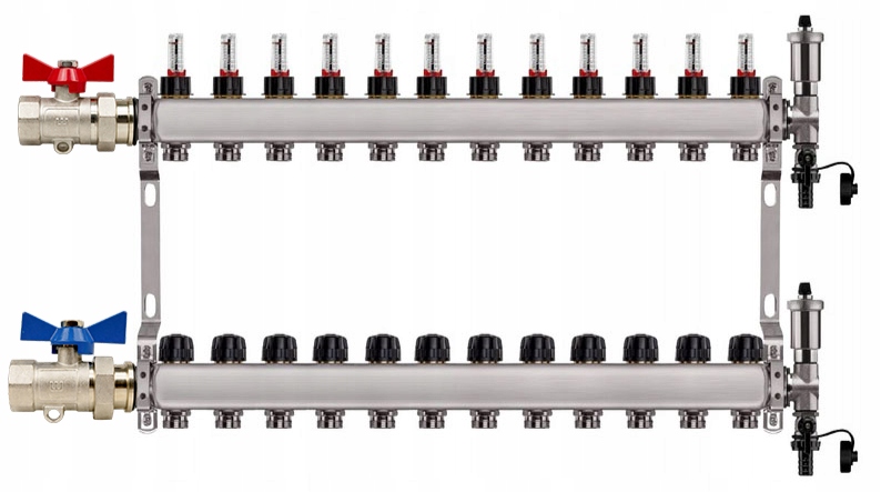 Rozdělovač Pro Podlahovku 12 Okruhů Nerezový Jednoduchý Poniklovaný Ventil