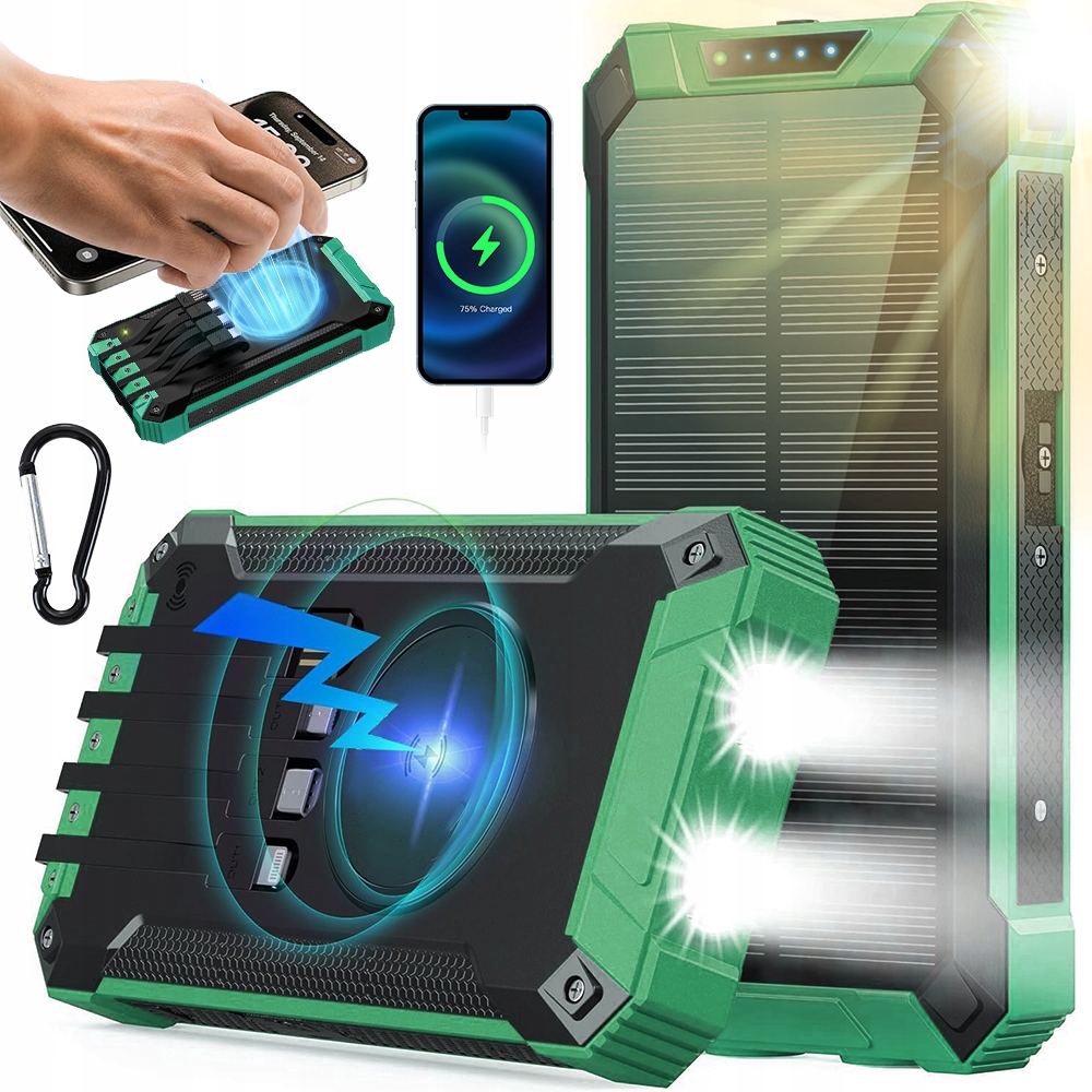 Powerbanka Solární Nabíječka 26800 mAh 15W 4 Kabely Svítilna 2xLED