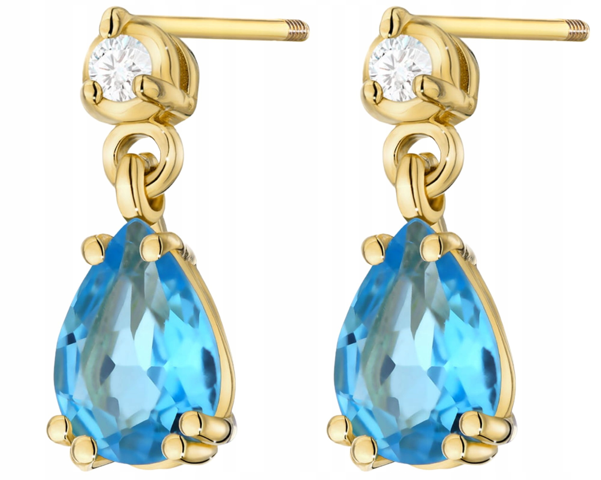 Zlaté Náušnice S Topazem A Diamanty 585 Šroubovací Tyčinka Gravírování Dárek