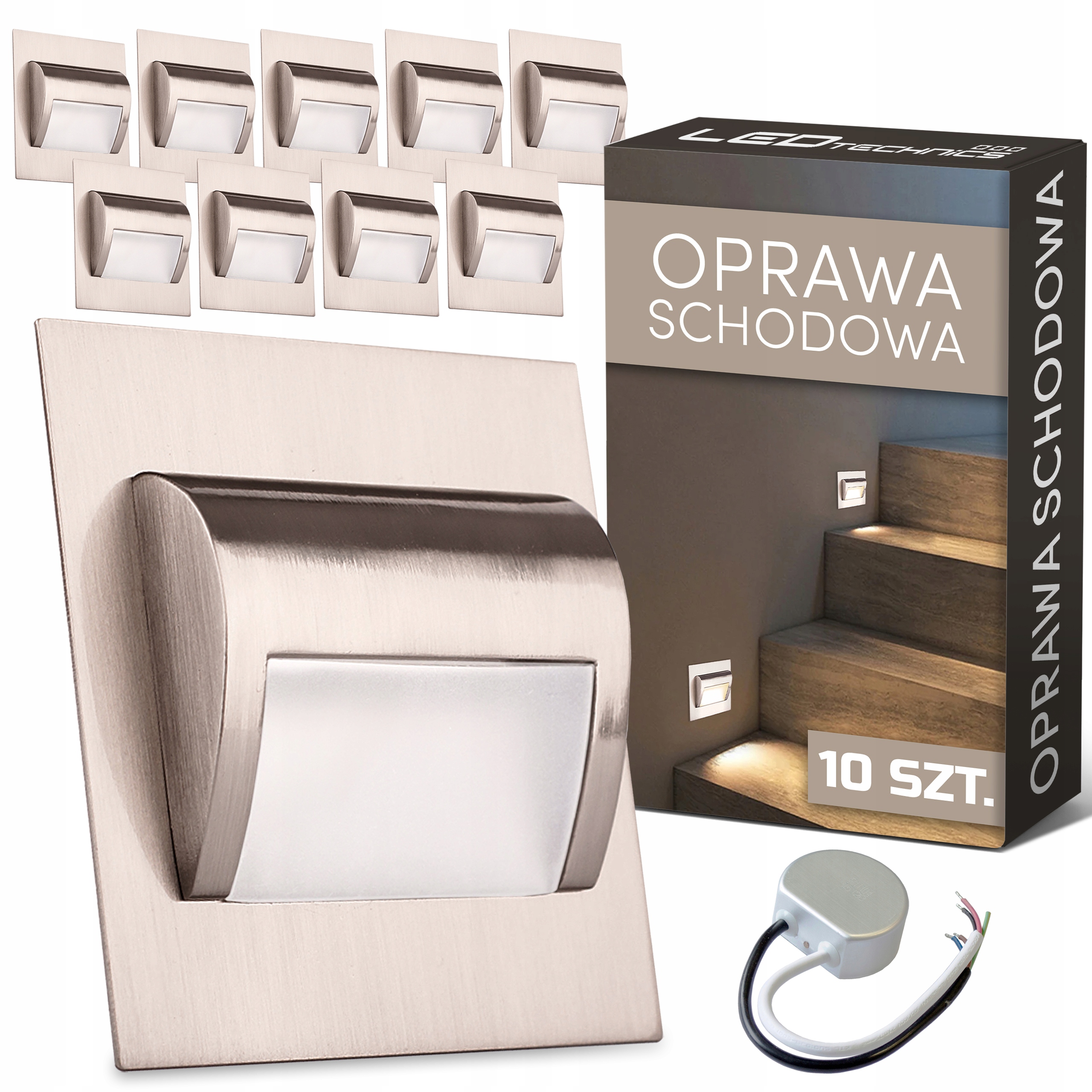 Zestaw 10x Oprawa schodowa Led Satyna Satynowa Inox zasilacz 230V Zimna