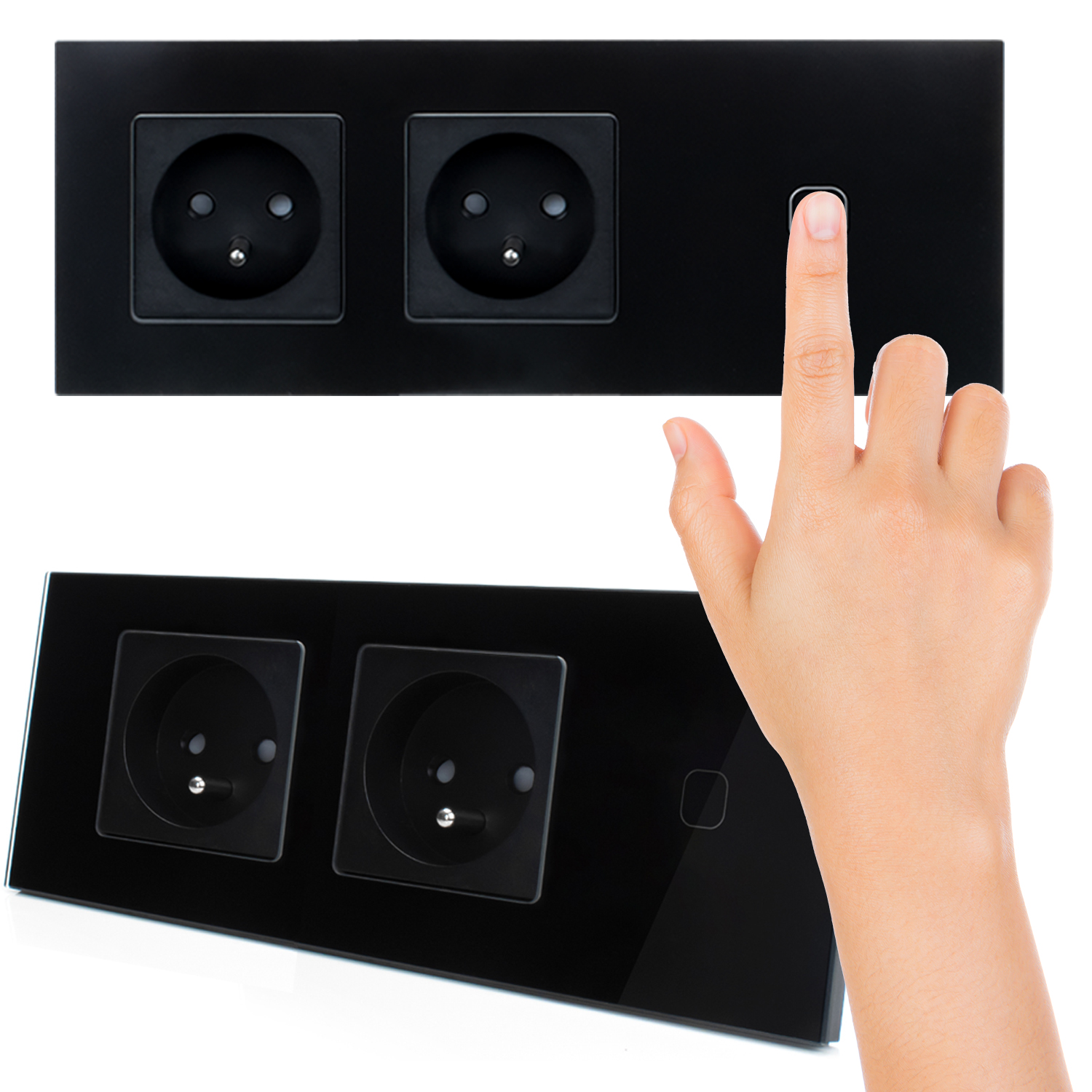 Elektrická Zásuvka Dvojitá černá Dotykový spínač Skleněný Led panel
