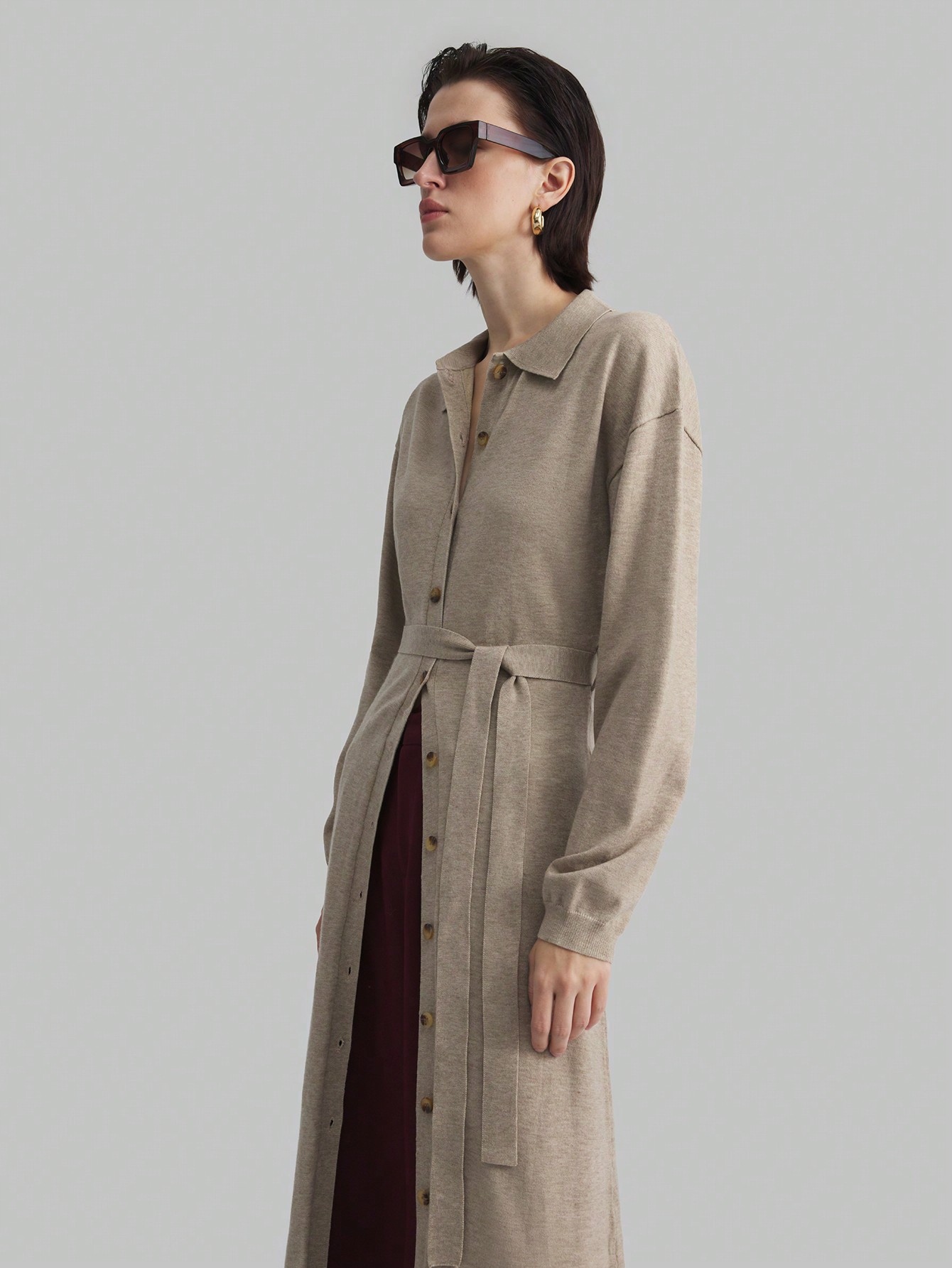 Dlouhý Kardigan S Příměsí Vlny A Límečkem Pásek Casual Shein S 36