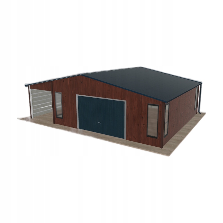 Plechová garáž 6.5 x 6.5 m s přístřeškem Tmavý ořech