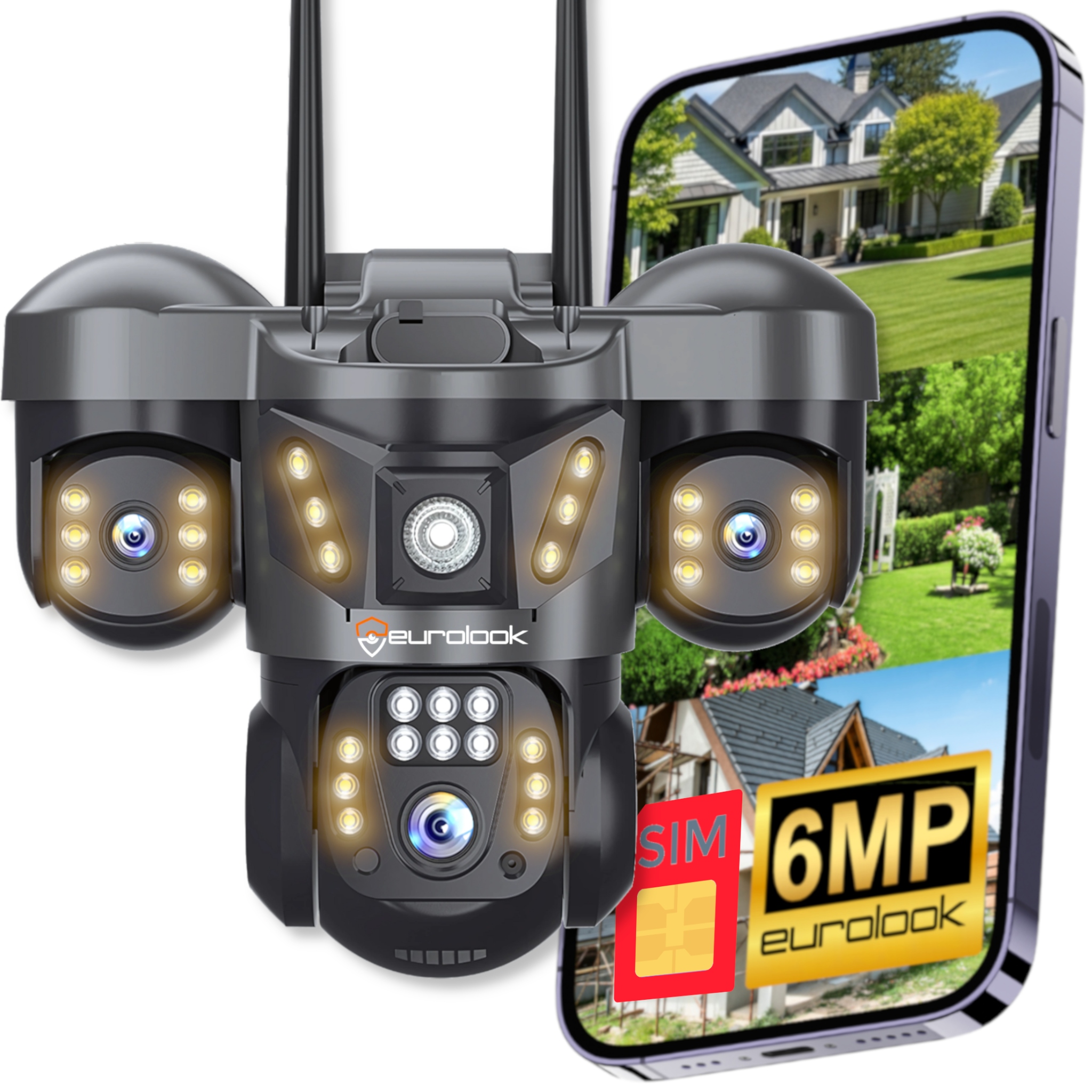 Kamera IP Eurolook potrójna obrotowa 6MPx 4K GSM z kartą SIM audio
