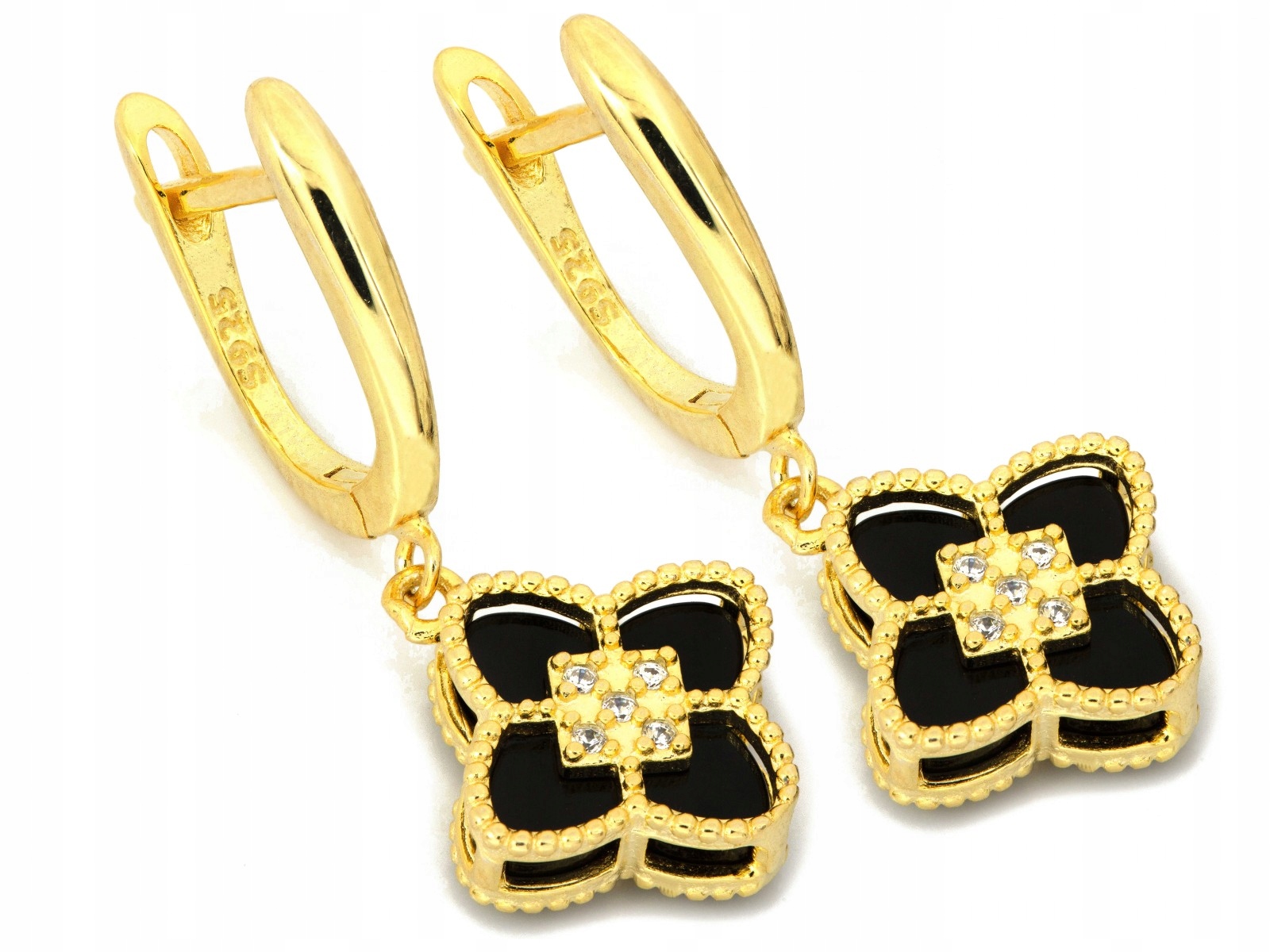 Stříbrné Náušnice 925 Černé Květy Zirkony Váha 3,28 G Pozlacené Módní