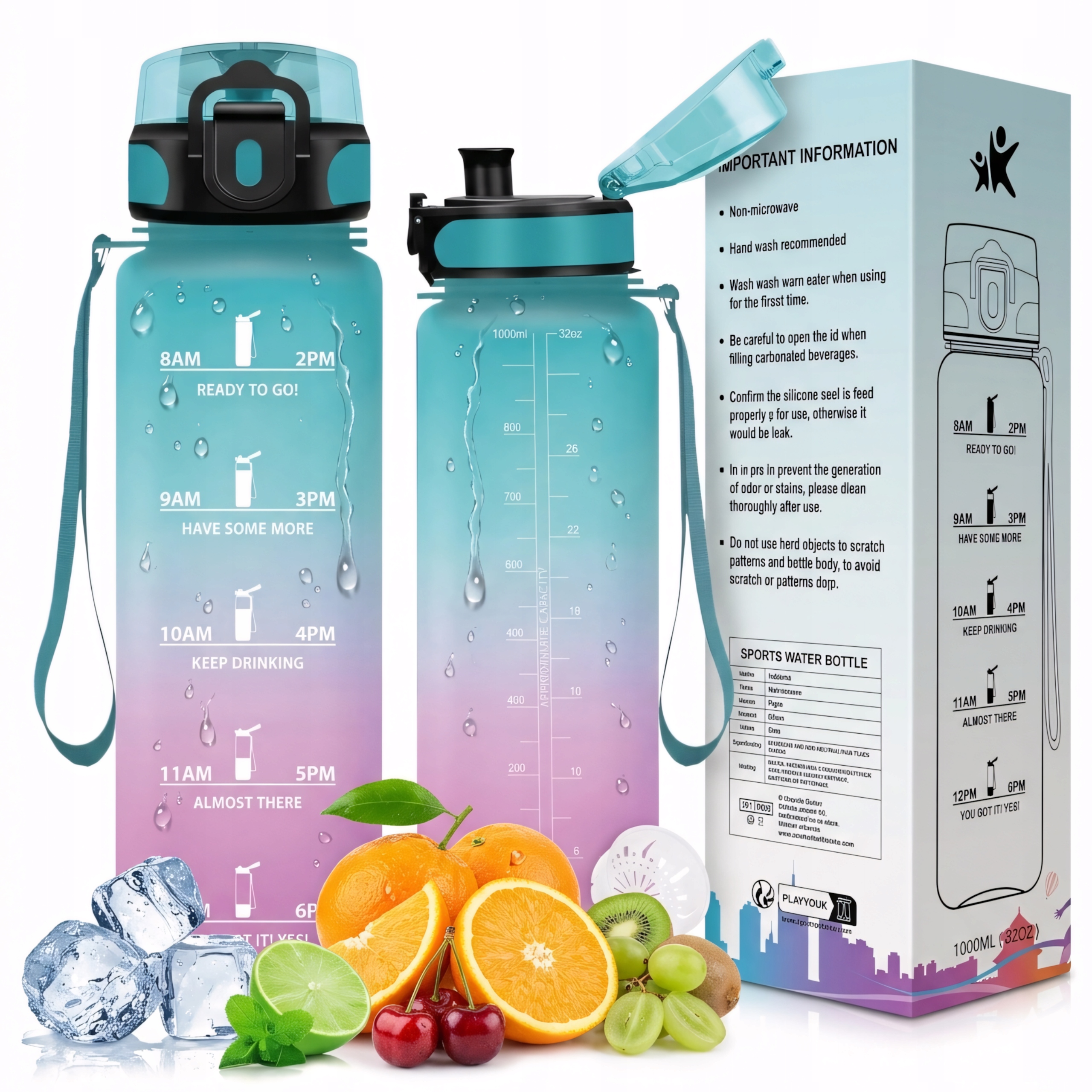 Bidon Butelka na Wodę 1000ml Tritan z Miarką Motywacyjna