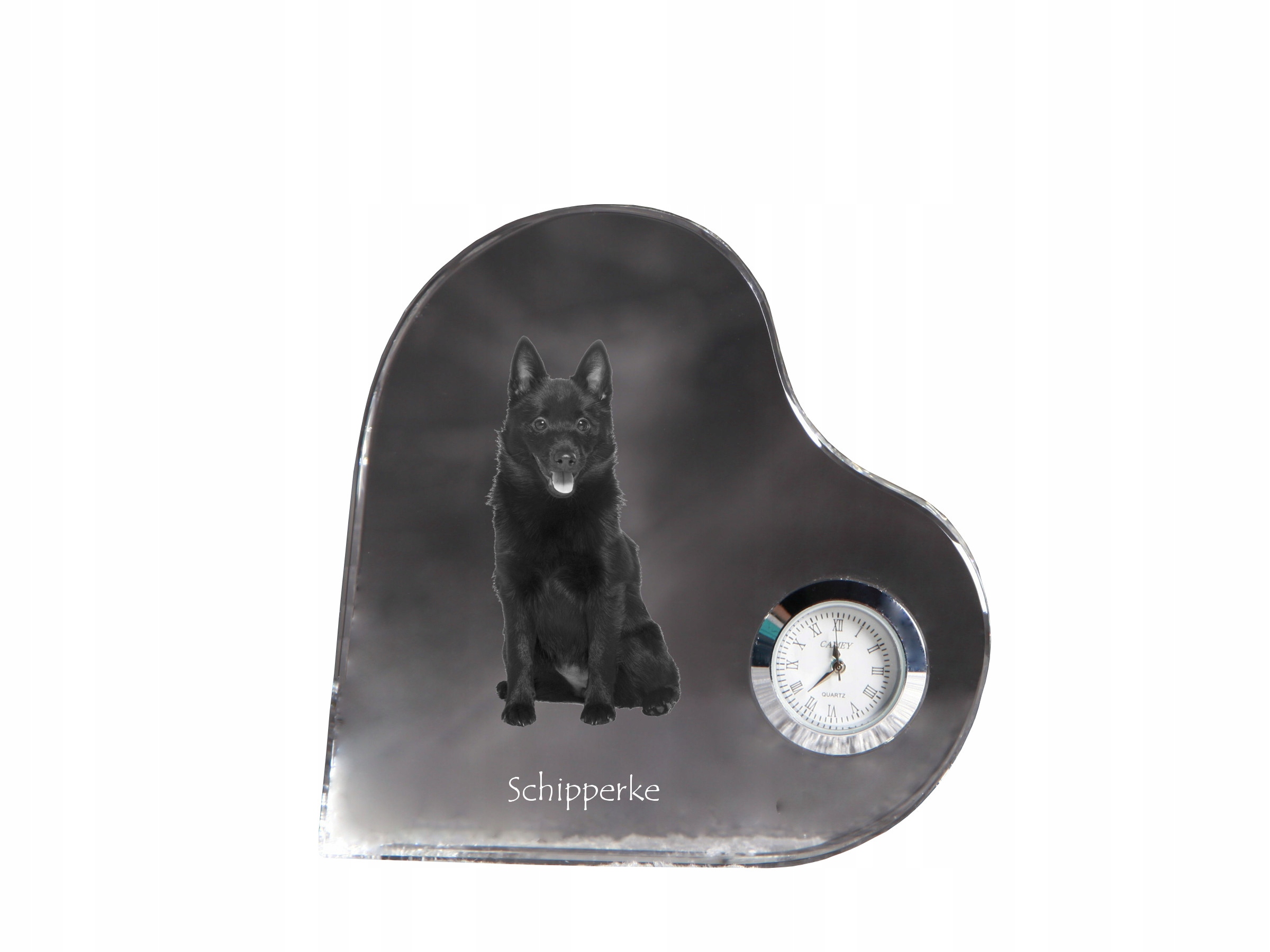 Schipperke krištáľové hodiny v tvare srdca s vašou fotografiou