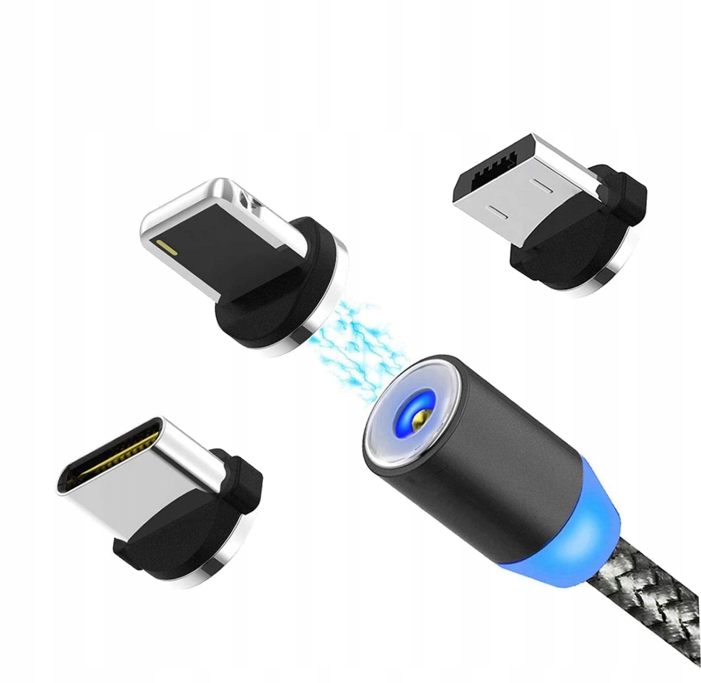 KABEL MAGNETYCZNY 3A 3W1 do IPHONE MICRO USB TYP C Kolor czarny
