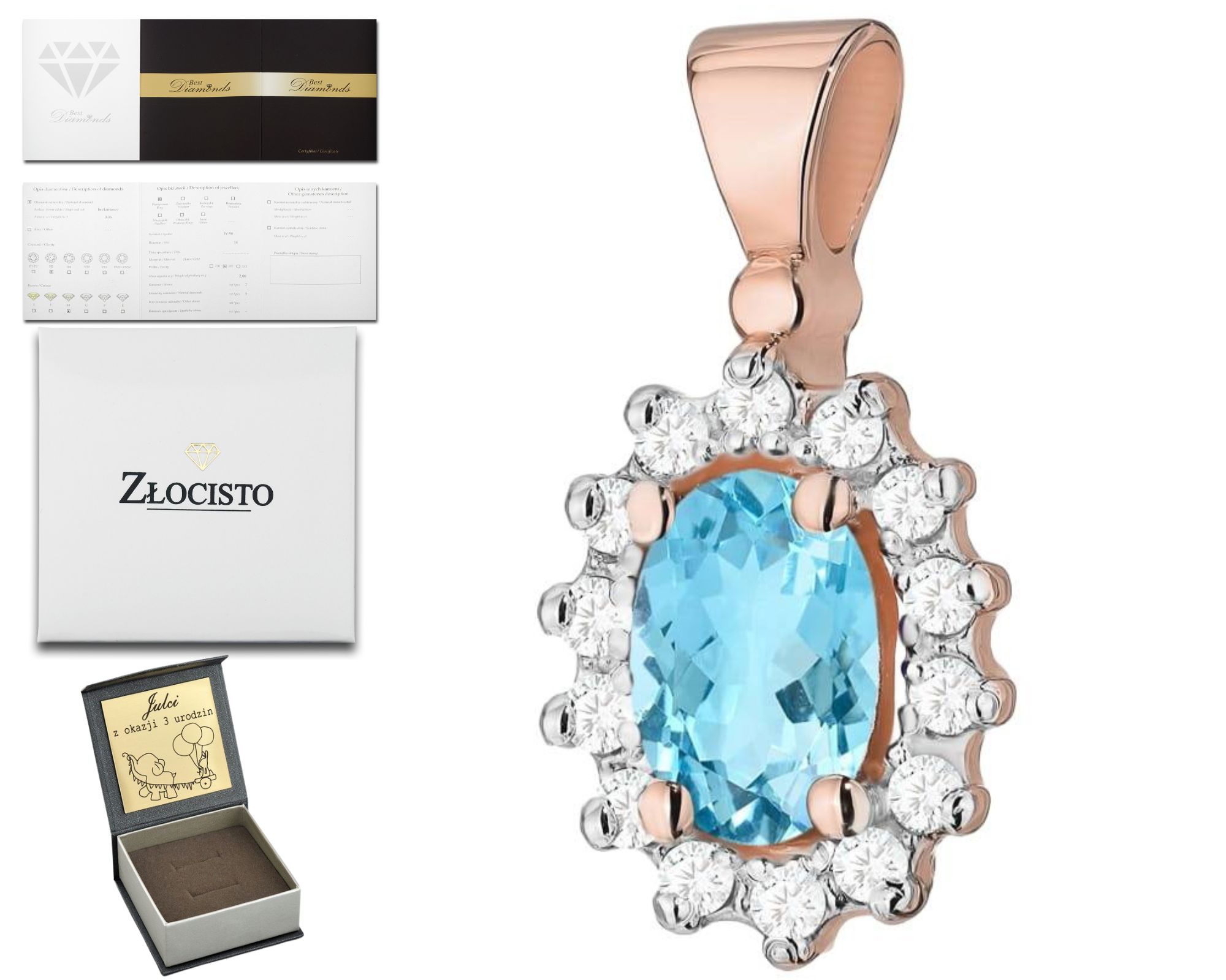 Růžové Zlato Přívěsek S Diamanty A Topazem 585 Dárek