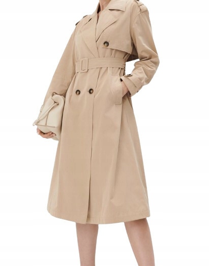 DWURZĘDOWY TRENCZ PŁASZCZ BEŻOWY DŁUGI KLASYCZNY GŁADKI PASEK 40