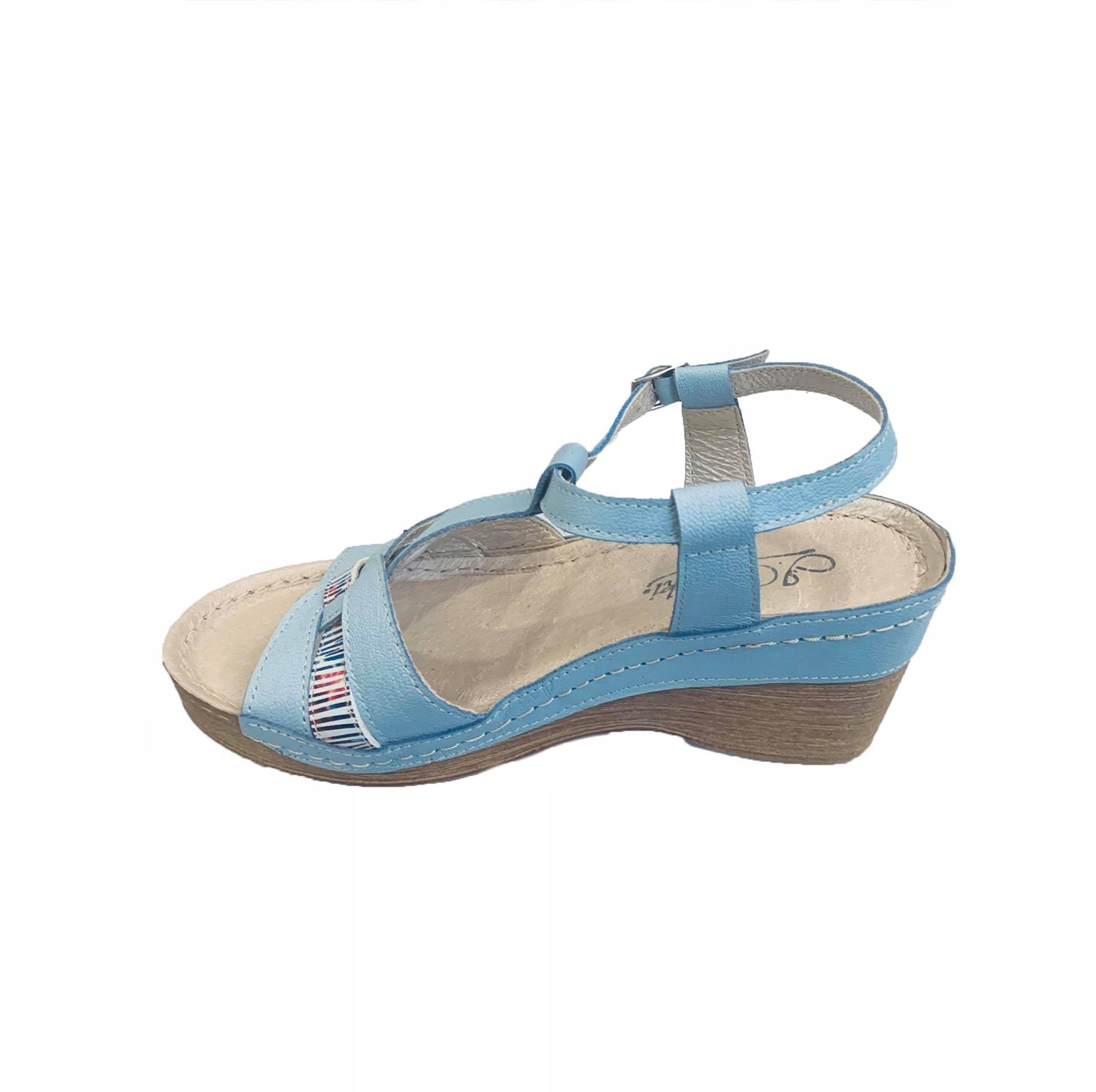 Skórzane niebieskie sandały na koturnie platforma Rozmiar 36