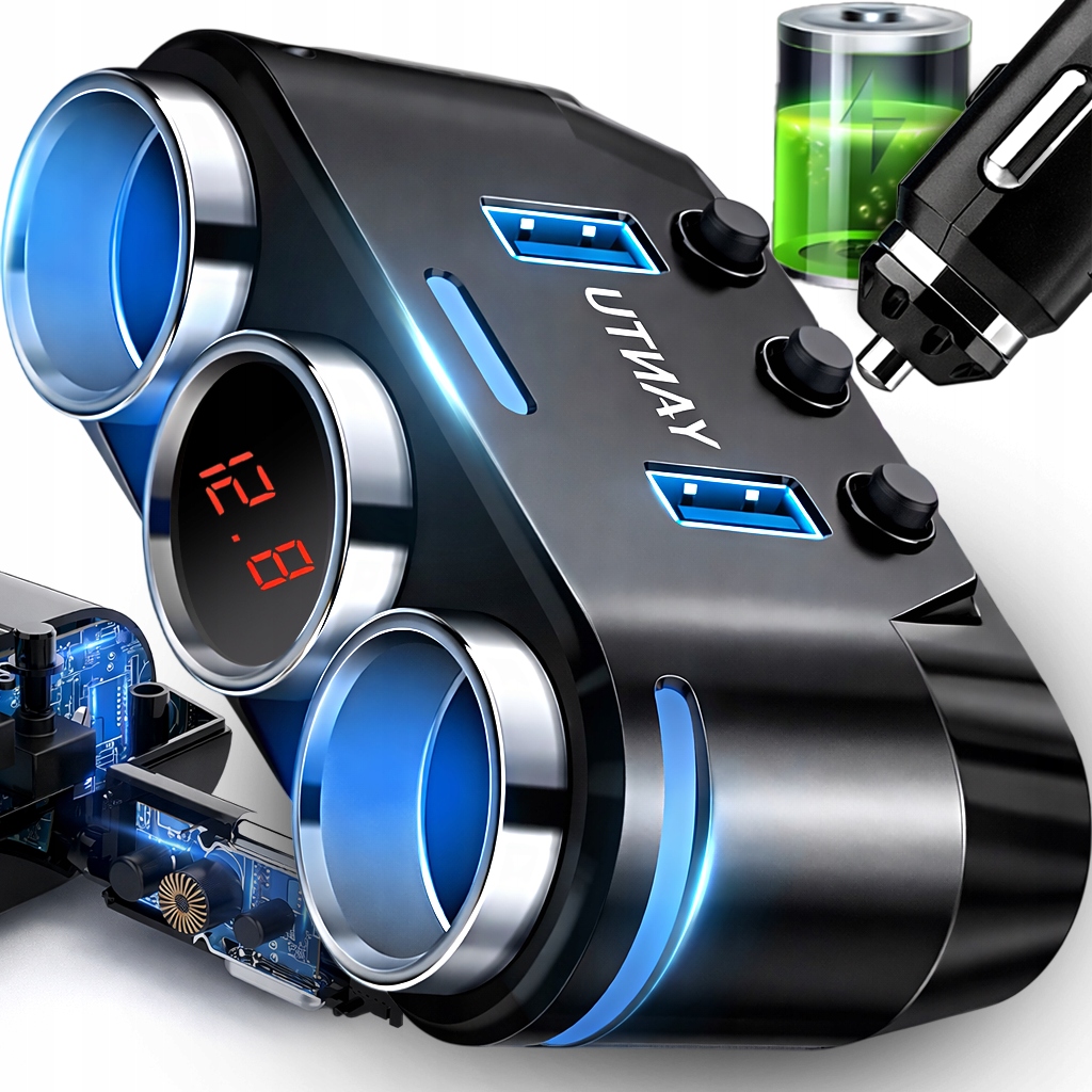 ROZDZIELACZ GNIAZDA ZAPALNICZKI ŁADOWARKA USB X2 ROZGAŁĘŹNIK FAST CHARGE