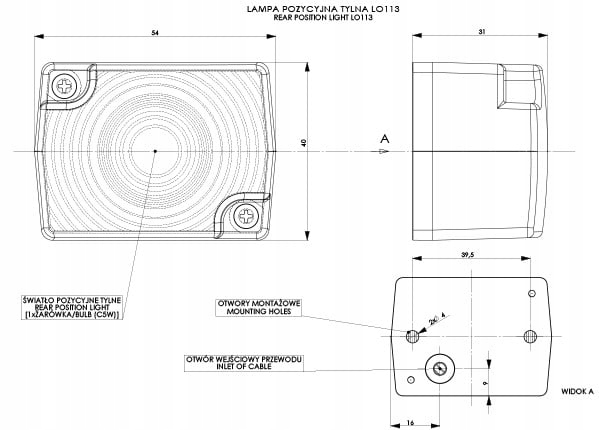HORPOL LAMPA OBRYSOWA PROST. MAŁA CZERWONA LO-113 Strona zabudowy tylne lewe tylne prawe