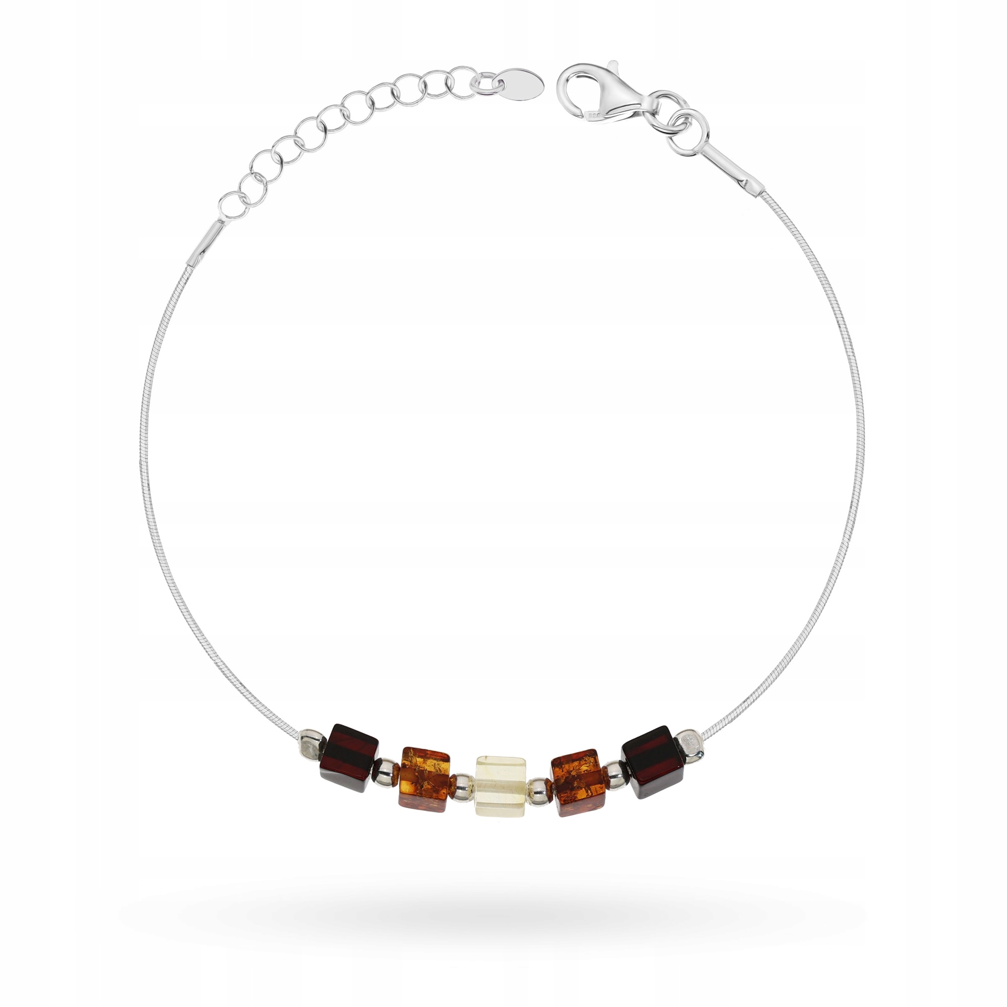 Stříbrný Náramek Dámský ryzost 925 Jantarové čtverce Kostky a kuličky