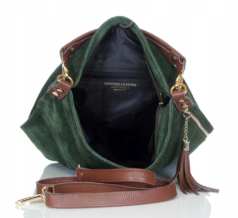 VERA PELLE Włoska Zamszowa TOREBKA worek Skóra naturalna Z15 Odcień khaki