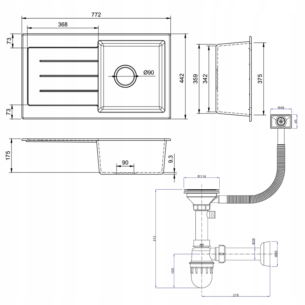 Zlewozmywak czarny granitowy duży jednokomorowy zlew kuchenny + syfon Rodzaj wpuszczany