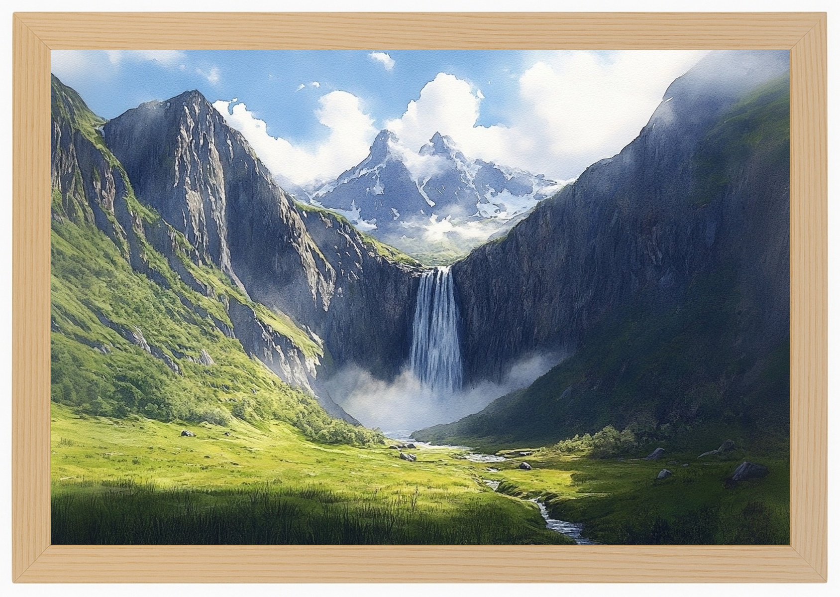 Plakát Rámeček Dřevěný Krajina Hory Vrcholy Panorama Vodopád Řeka 60x40