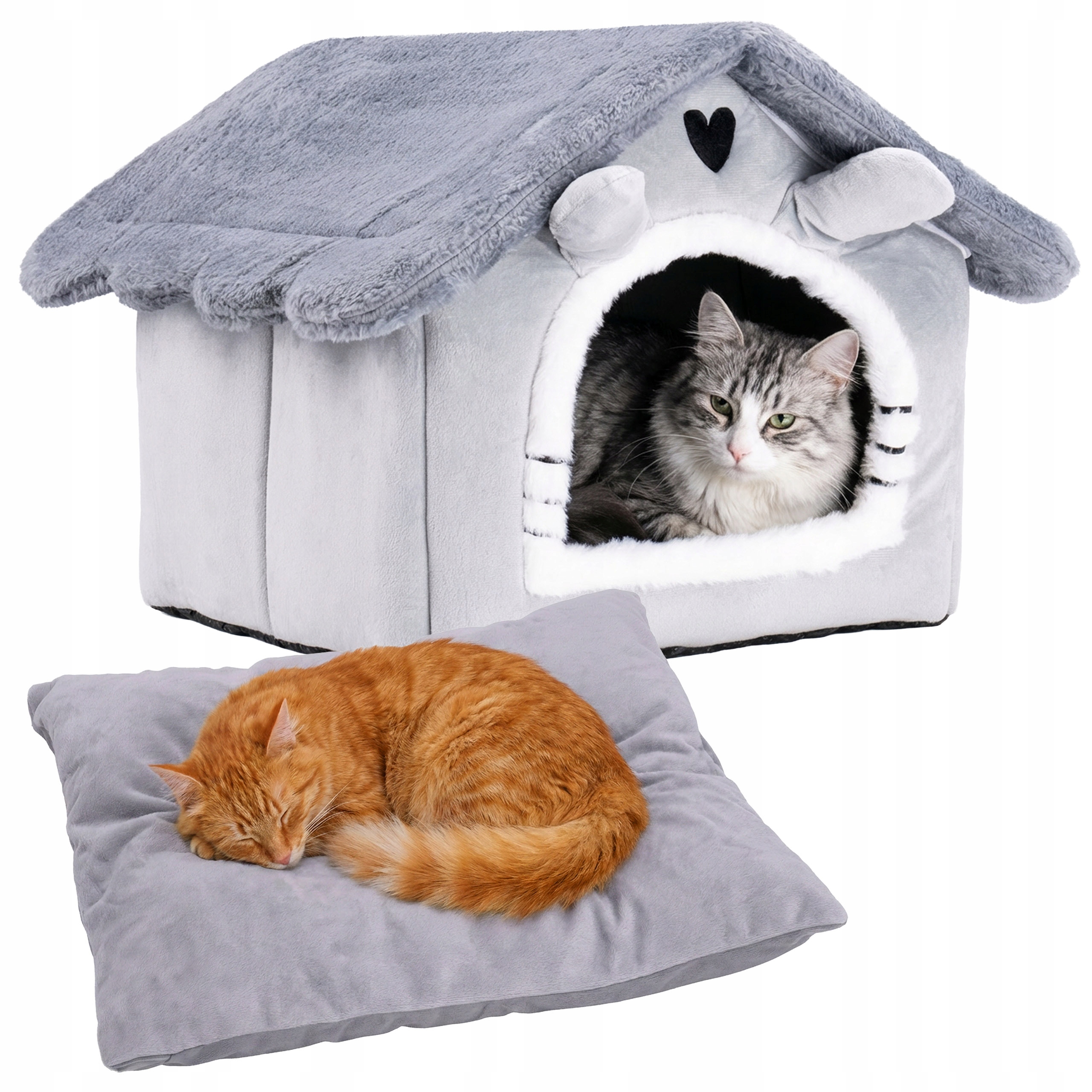 Levně Domeček Pro Kočky Budka Pelíšek Plyšový Měkký Košík Spaní Šedá Kočička