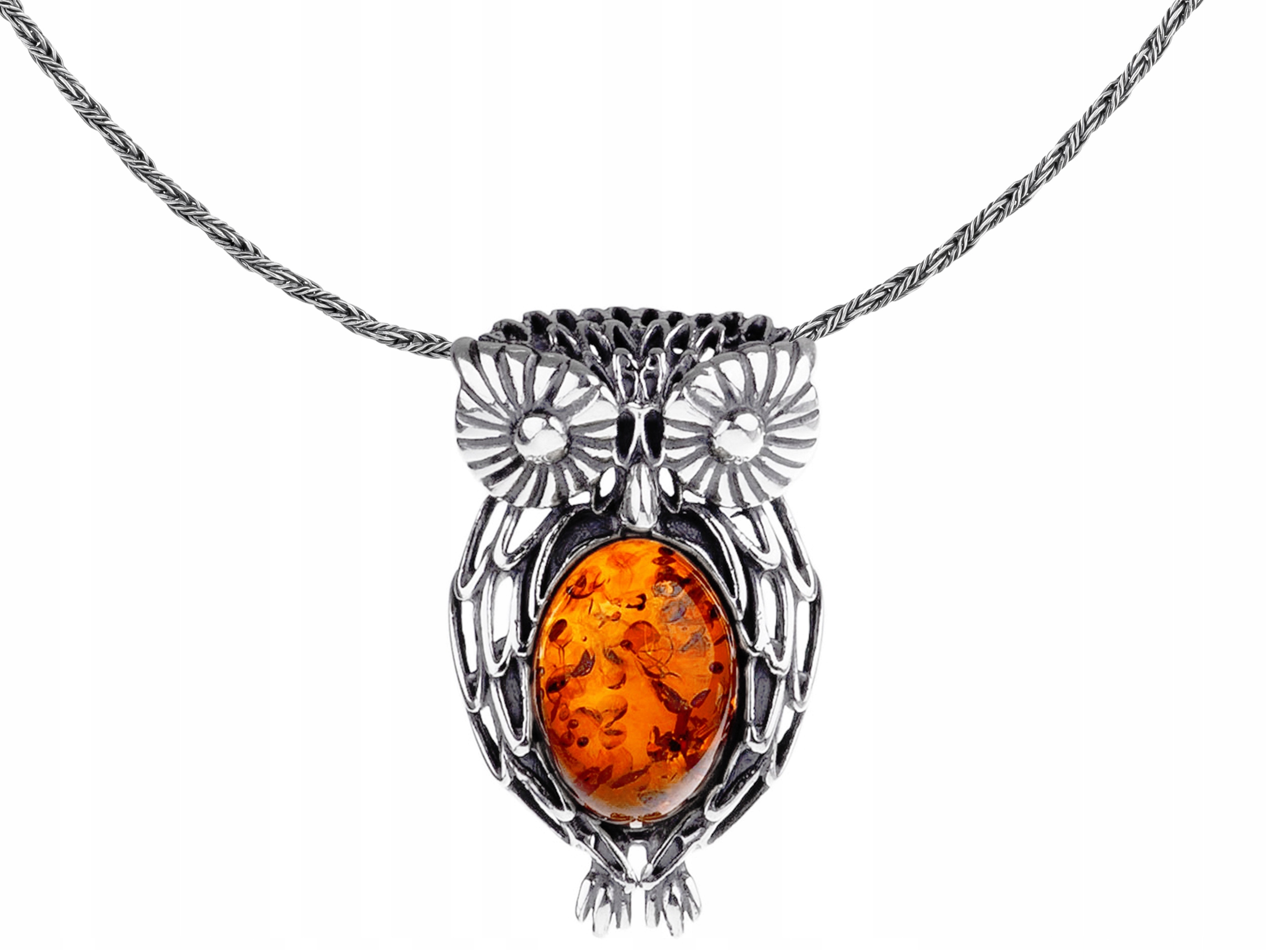 Velký krátký stříbrný dámský náhrdelník Pták sova s jantarem Choker 35 cm