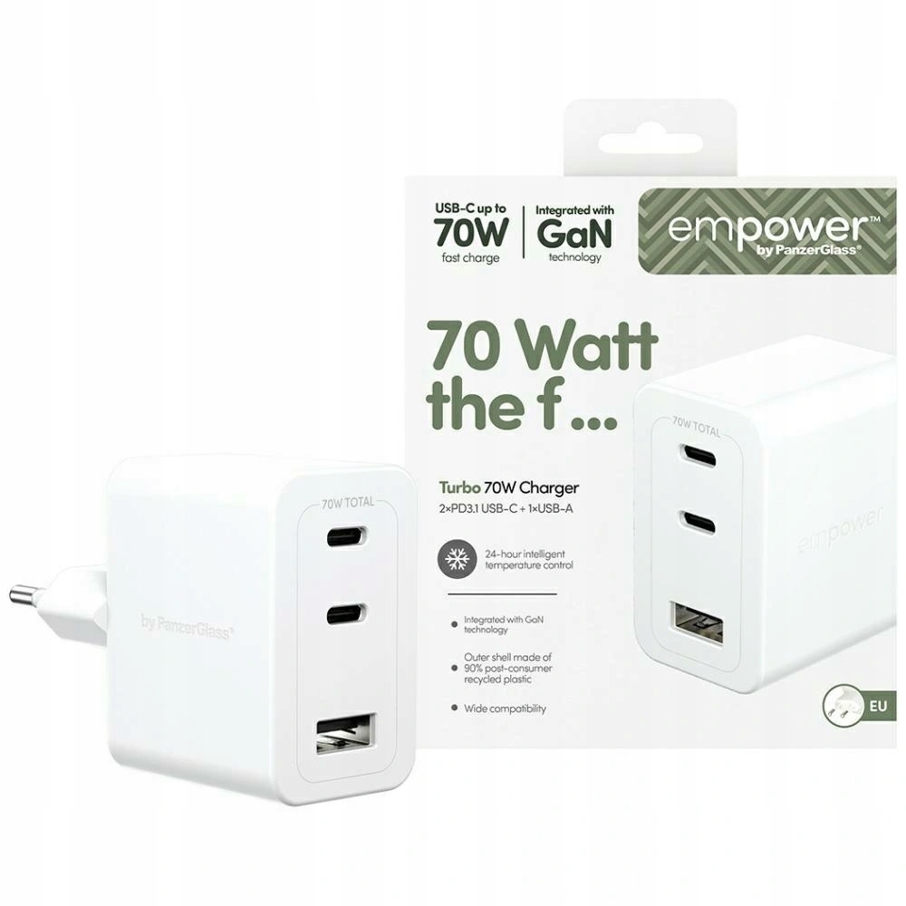 Nabíjačka Empower by PanzerGlass Turbo 70W 2xUSB-C Usb-a strieborno-b