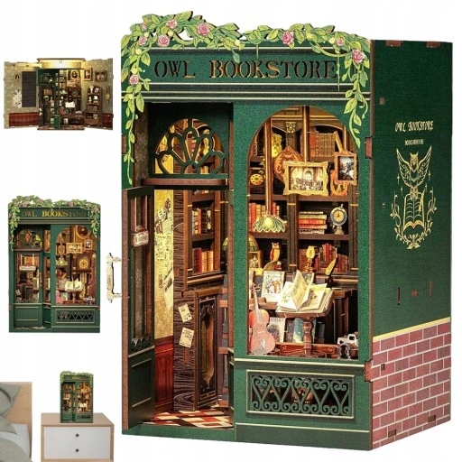 DIY MINIATUROWY DOMEK - OWL BOOKSTORE Z OŚWIETLENIEM LED | ZESTAW BOOK NOOK