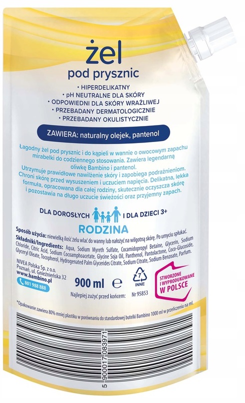 BAMBINO RODZINA ŻEL PO PRYSZNIC ZAPAS ZAPACH MIRABEKA 900ML Stan opakowania oryginalne