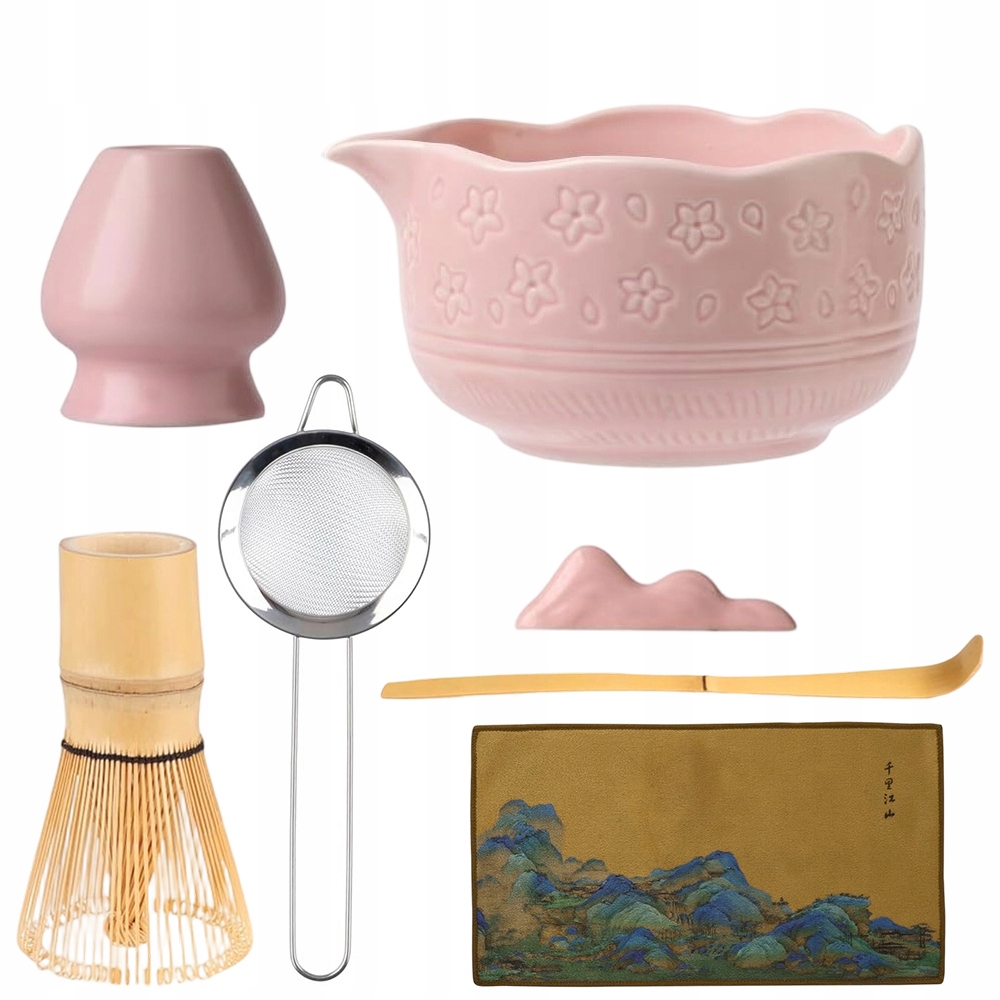 Levně Sada Nástrojů Pro Matcha Růžová Keramická Miska S Bambusovou Šlehací Metlou