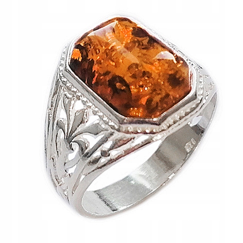 Stříbrný Sygnet prsten s přírodním Jantarem stříbro Ag 925 velikost 16