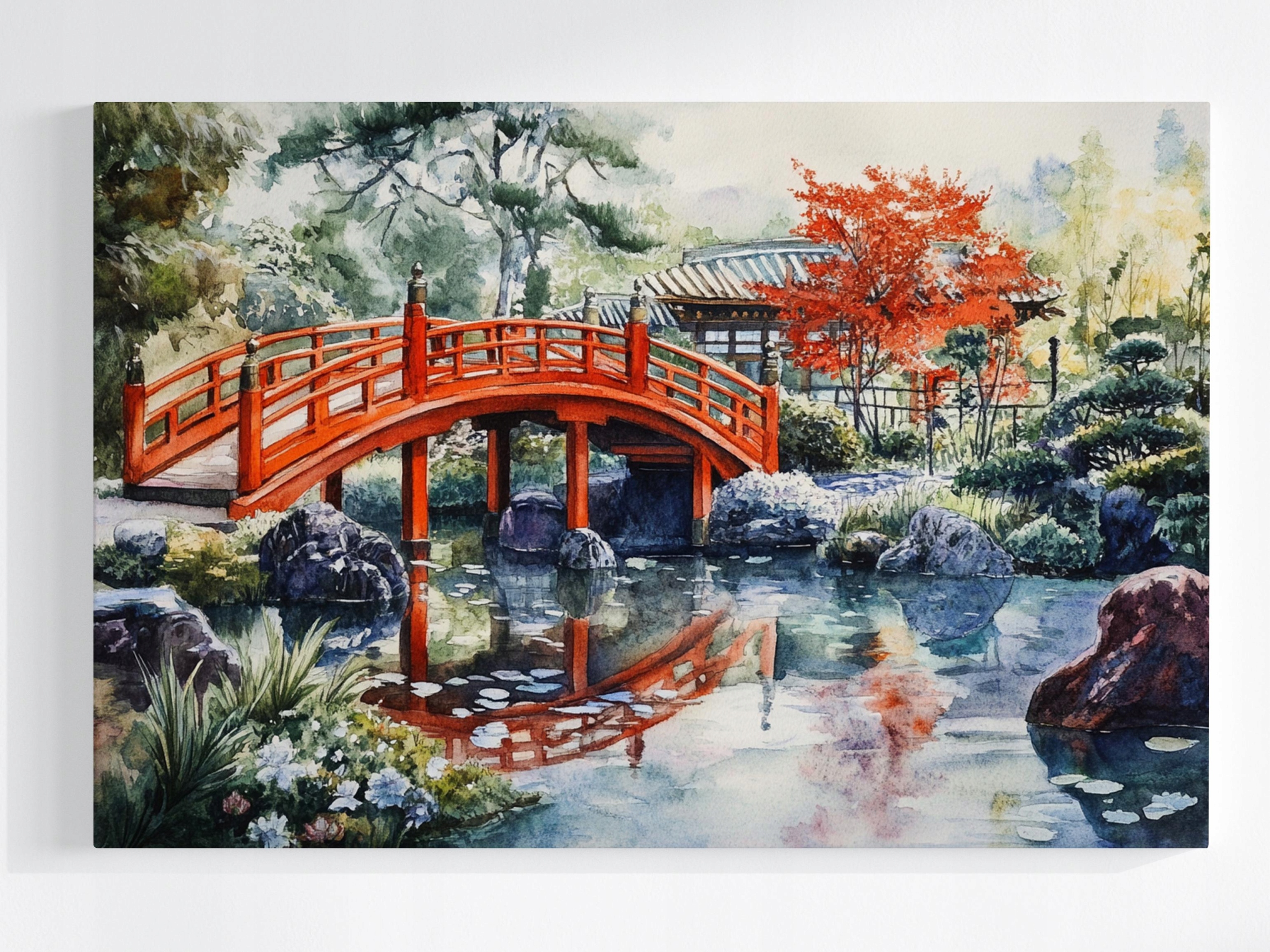 Obraz Na Plátně Canvas Japonská Zahrada Most Rybník Akvarel 120x80