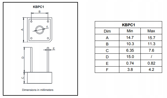 Mostek prostowniczy KBPC110 kwadrat tht 3A 1000V Kod producenta KBPC110