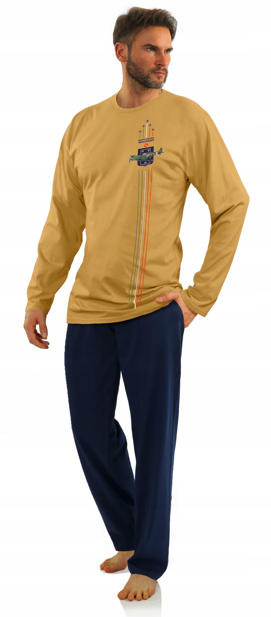 Sesto Senso Pánské dlouhé pyžamo Military 7542 Hořčicové 4XL