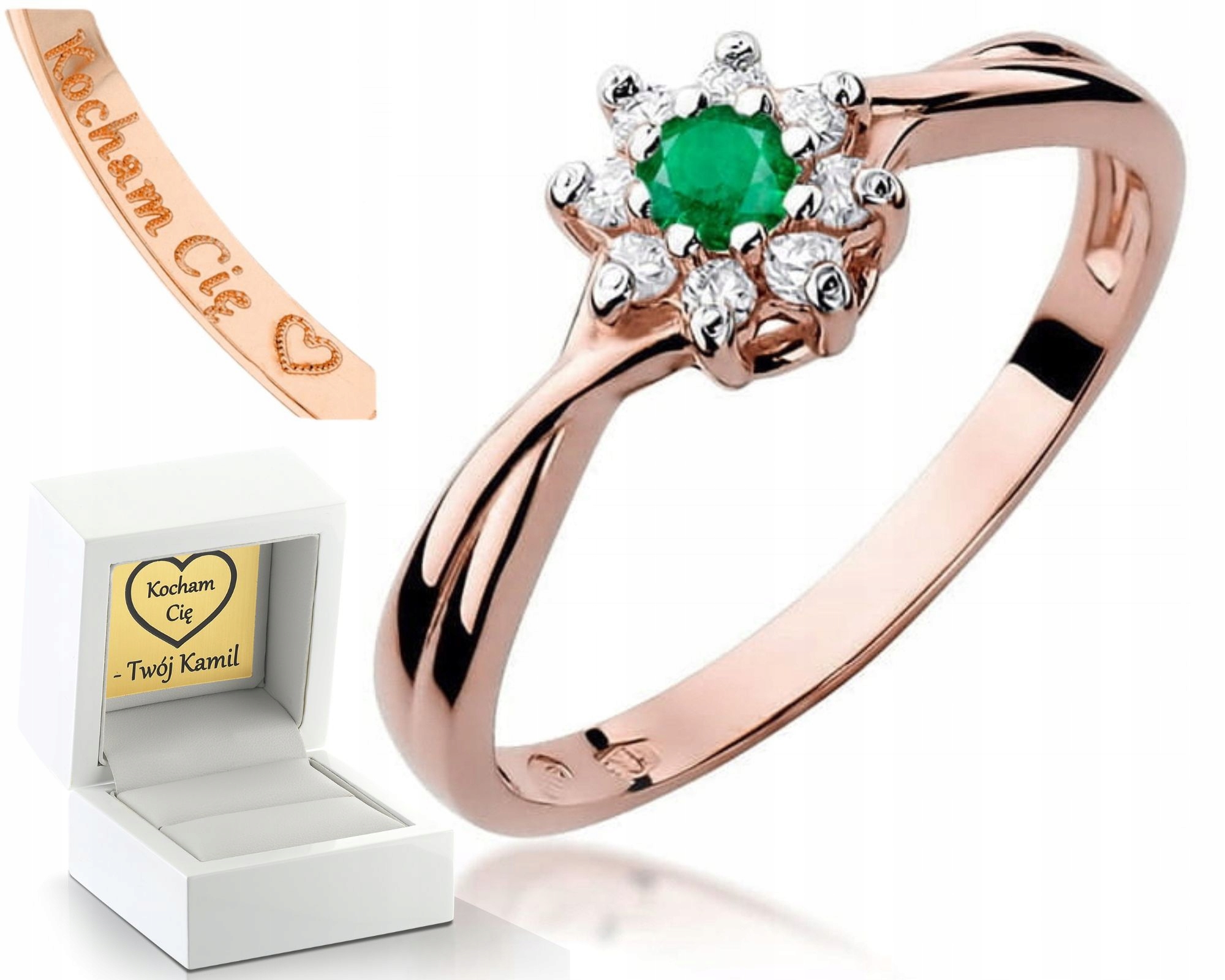 Růžový Zlatý Prstýnek Smaragd S Smaragdovými Diamanty 585, Gravírování Bonus