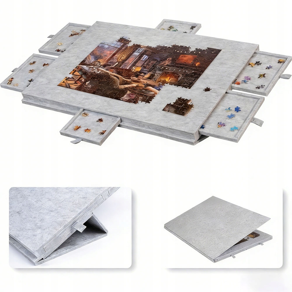 77x53.6cm Mata Filcowa Do Puzzli Z 6 Szufladami I Podstawką Srebrno-Szara
