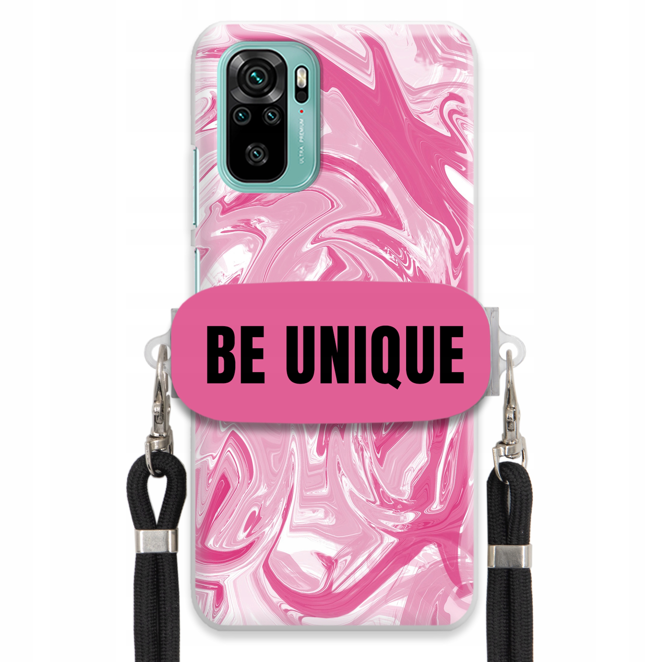 Puzdro pre Xiaomi Redmi Note 10 Case držiak na šnúrku Čierna ružová Mramor Unique