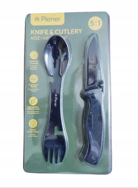 Zestaw PLENER 5w1 nóż składany + spork camping outdoor - kod kreskowy EAN 5905118116023